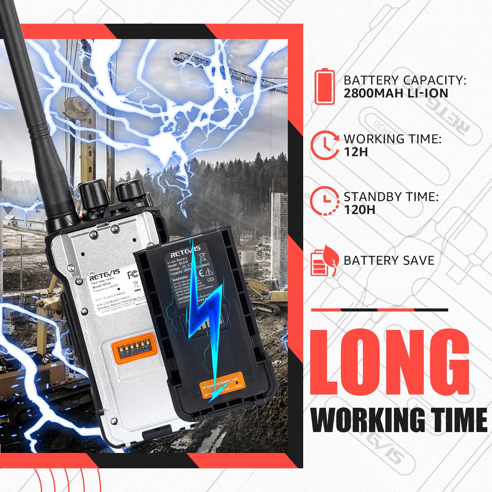 Retevis NR630 Walkie Talkie para Adultos, Walkies Largo Alcance, IP67 Impermeable, Cancelación de Ruido, Llamada de Grupo, 2800 mAh Recargable Walkie Talkie para Obra, Contratista (Negro, 3 Unidad)