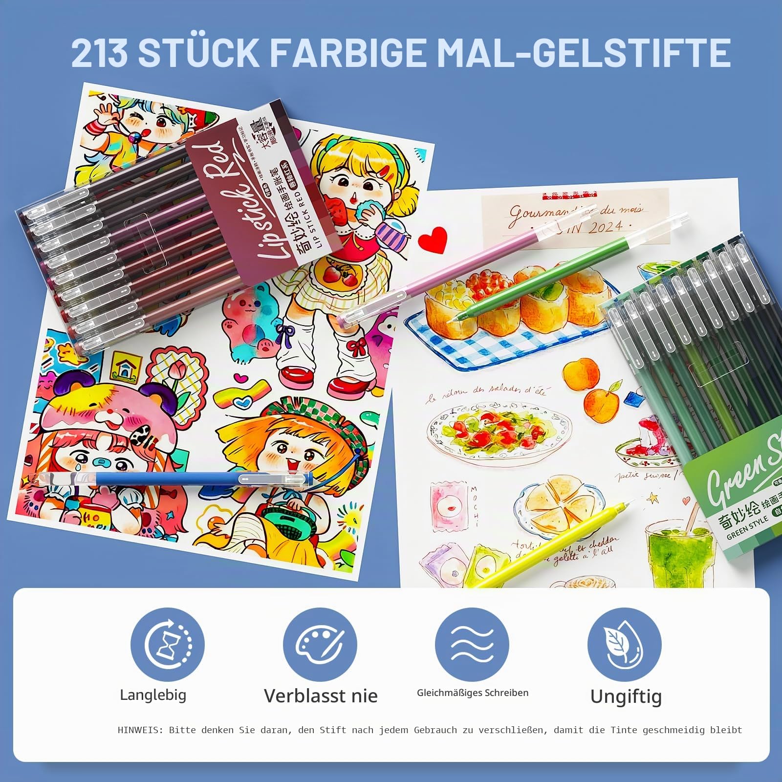 TrendGate 213 Acrylstifte Gelstifte Set, 0,6mm Feine Spitze Gelschreiber | 207 Farben (204 Farben + 3 Weiß/3 Silber/3 Gold), Gel Pen, Malen, Schreiben, Journaling, Wasserfest, Vielzahl von Oberflächen