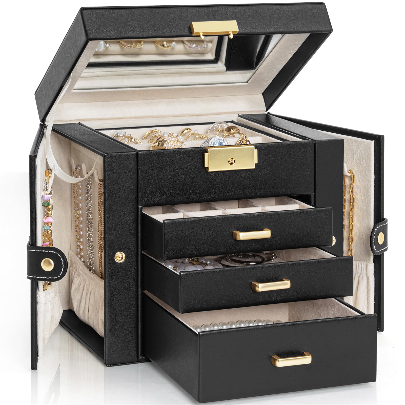 AKOZLIN 4-Tier Jewelry Box Leather Jewelry Storage Organizer with 3 Drawers Lockable for Women Girls Ring Necklace Earring Bracelet Holder with Mirror Black