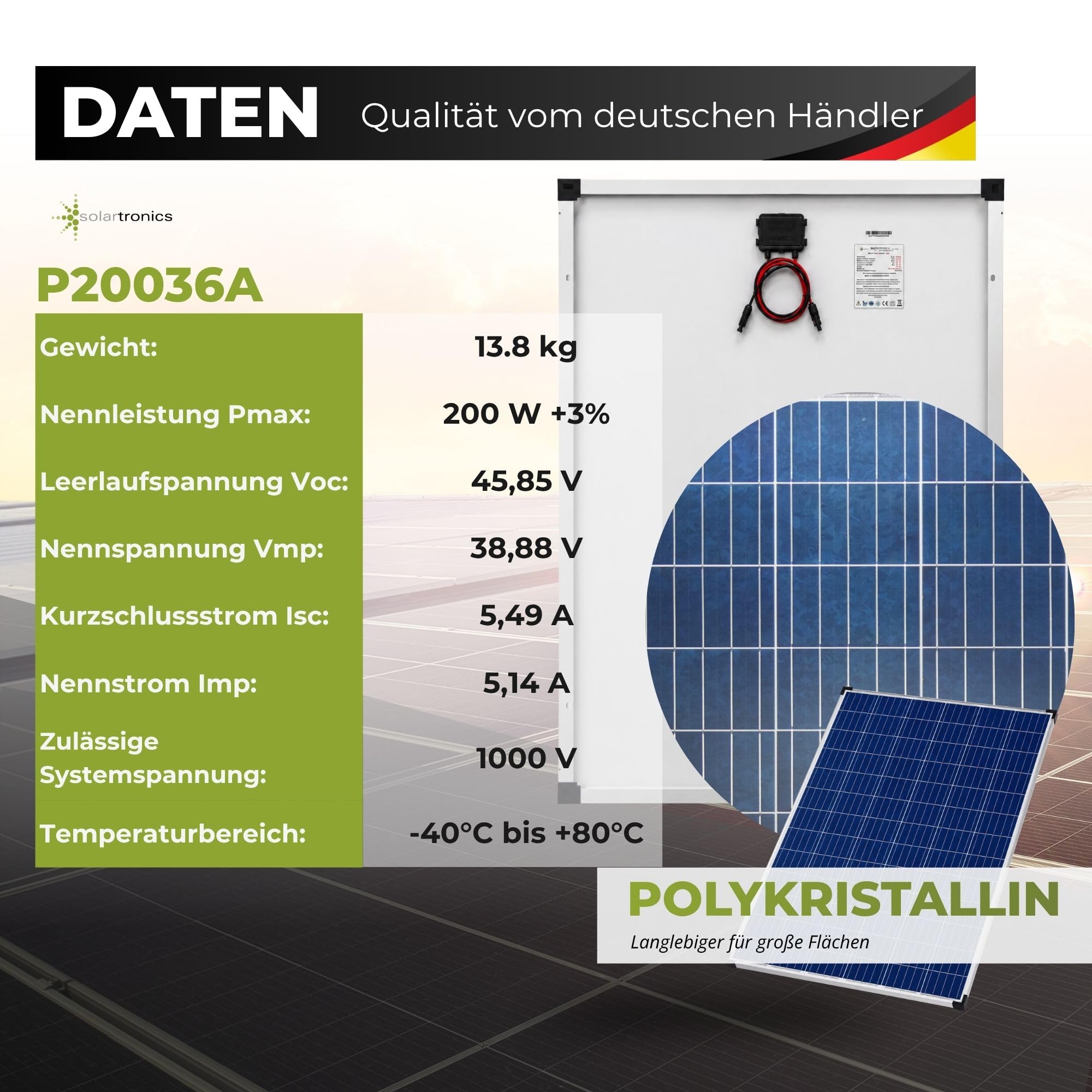 SOLARTRONICS Pannello solare policristallino da 200 W, 36 V, 5BB, 1320 x 996 x 35 mm, 13,8 kg