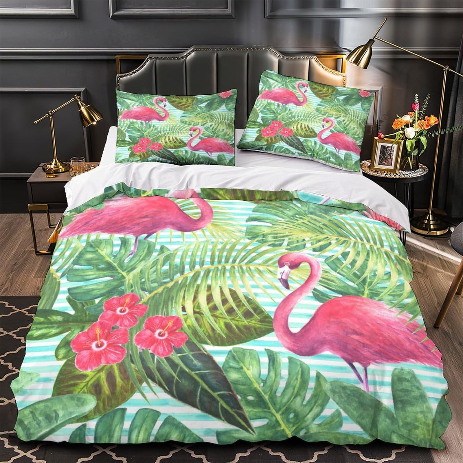Housse de couette Flamingo tropical microfibre 135x200 parure de lit jungle
