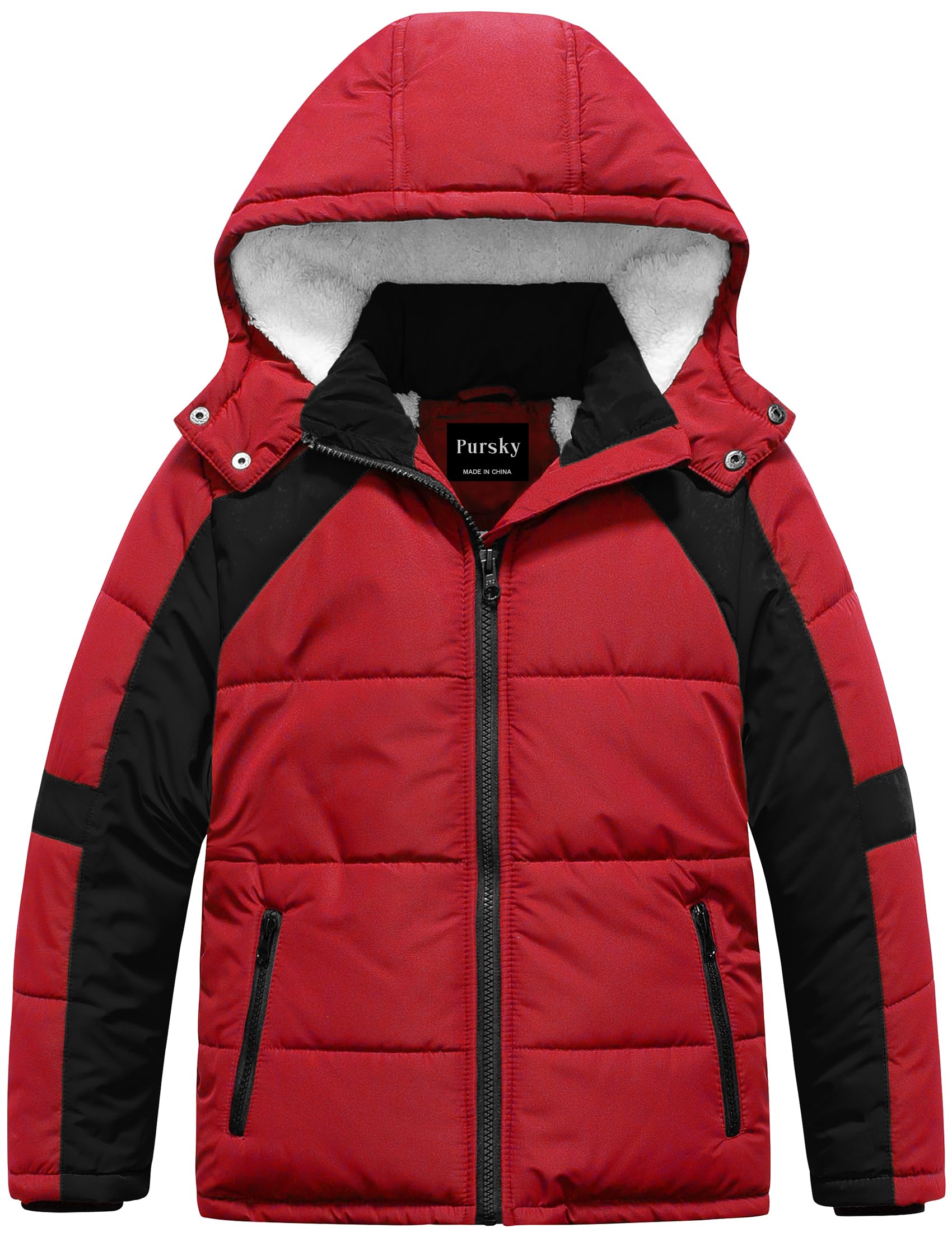 Pursky Boy's Warm Winter Coat Water Resistant Sherpa Outerwear Puffer Jackets With Removable Furry Hood