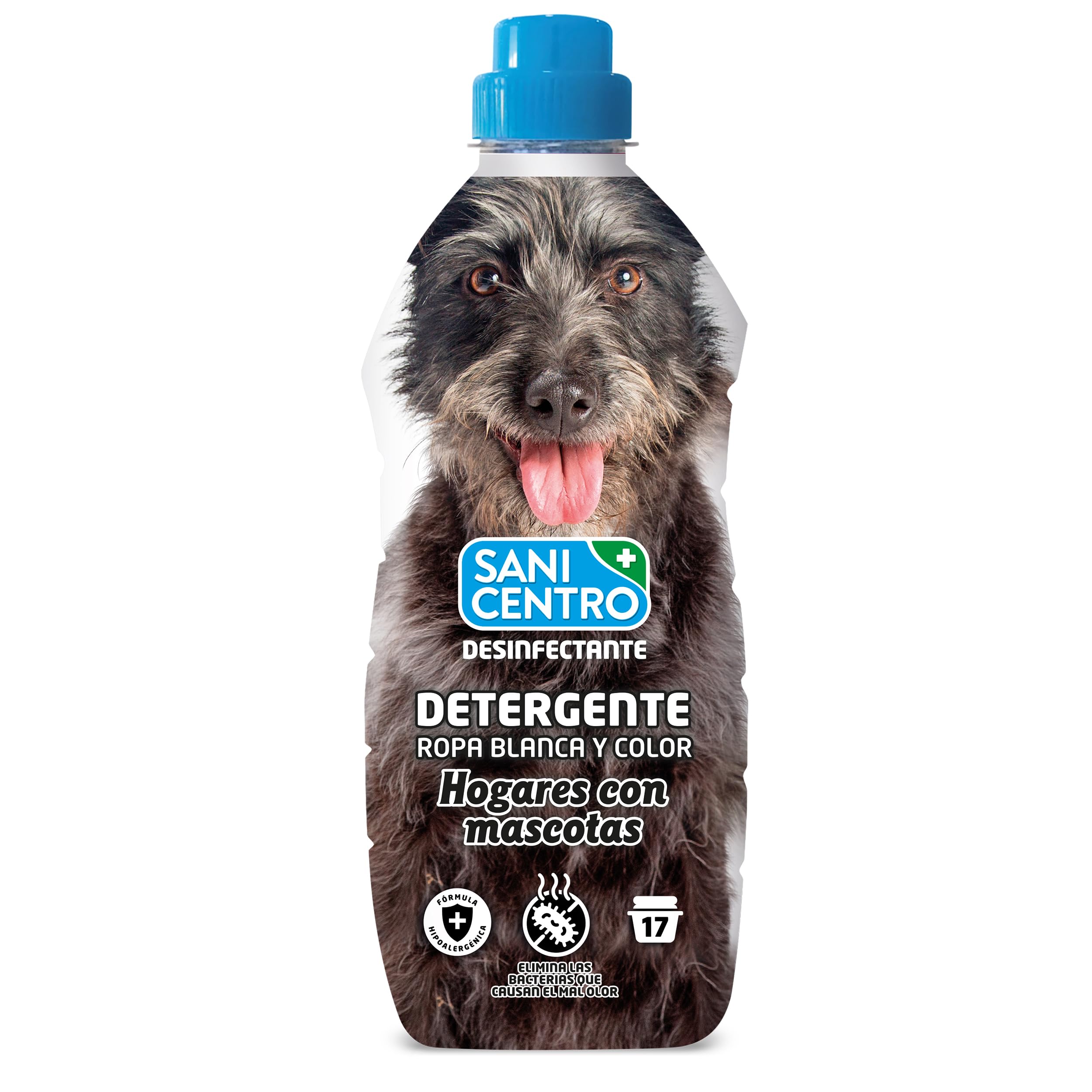 Sanicentro Detergente Desinfectante Hogares con Mascotas | Ropa Blanca y Color | Doble acción antiolor y eliminación de bacterias | Hipoalergénico | Botella 1L