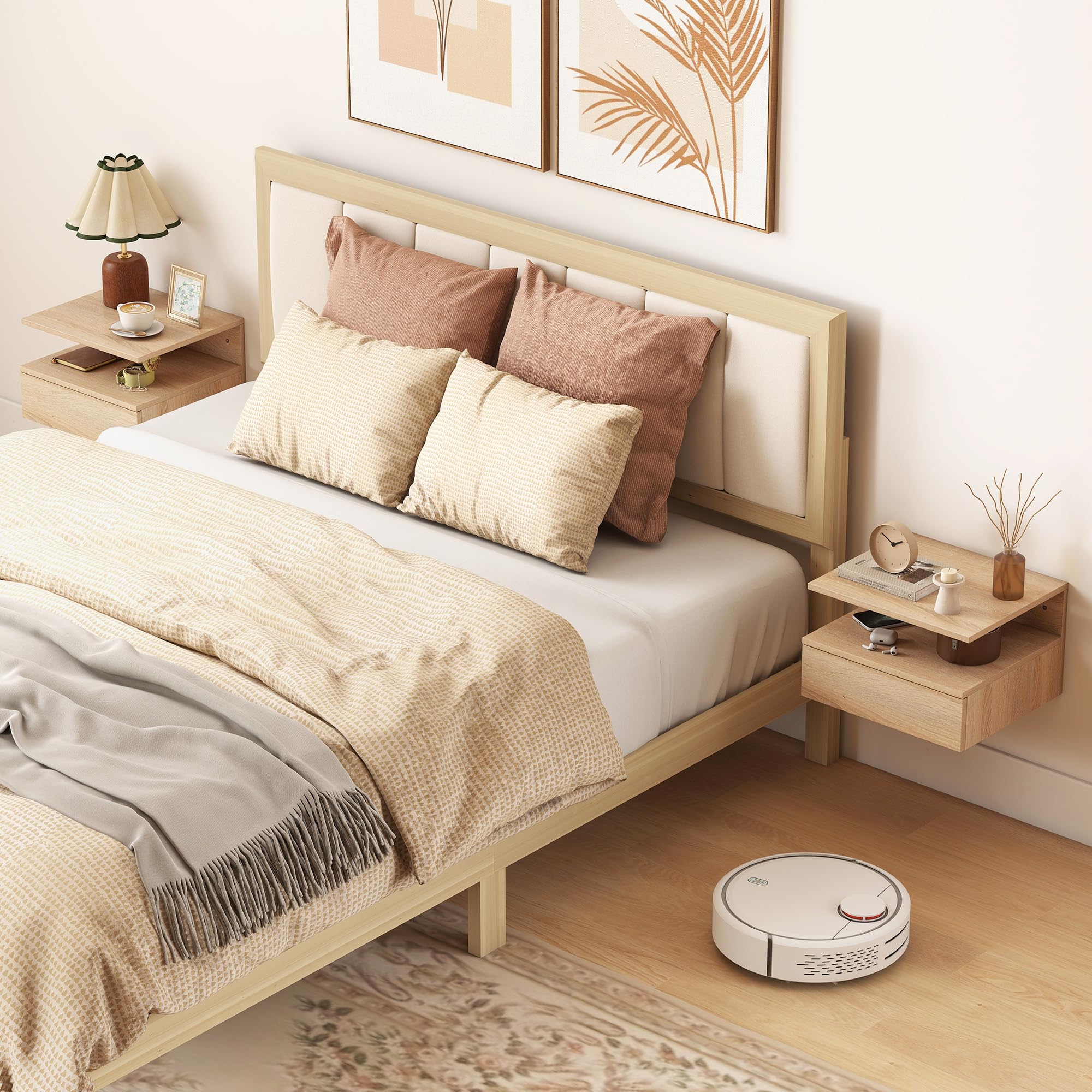 HOMCOM Juego de 2 Mesitas de Noche Flotantes con Cajón, Mesillas de Noche Dormitorio, Montado en la Pared, Estilo Moderno, para Sala de Estar, 35x32x22,5 cm, Roble