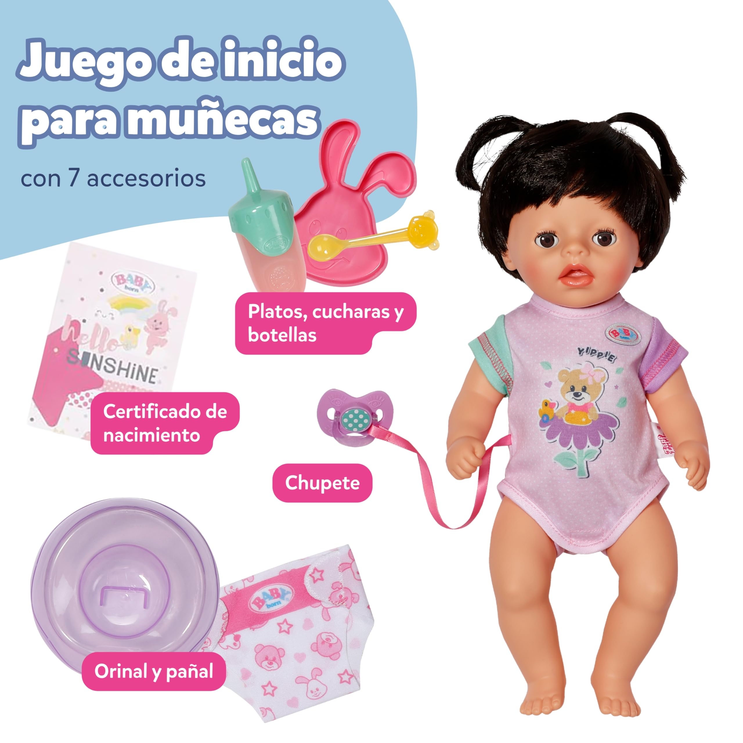 BABY Born Amy – Muñeca de 36 cm – Muñeca bebé con 7 Funciones para niños pequeños a Partir de 1 año – Funciona sin Pilas – Incluye Accesorios y Pelele