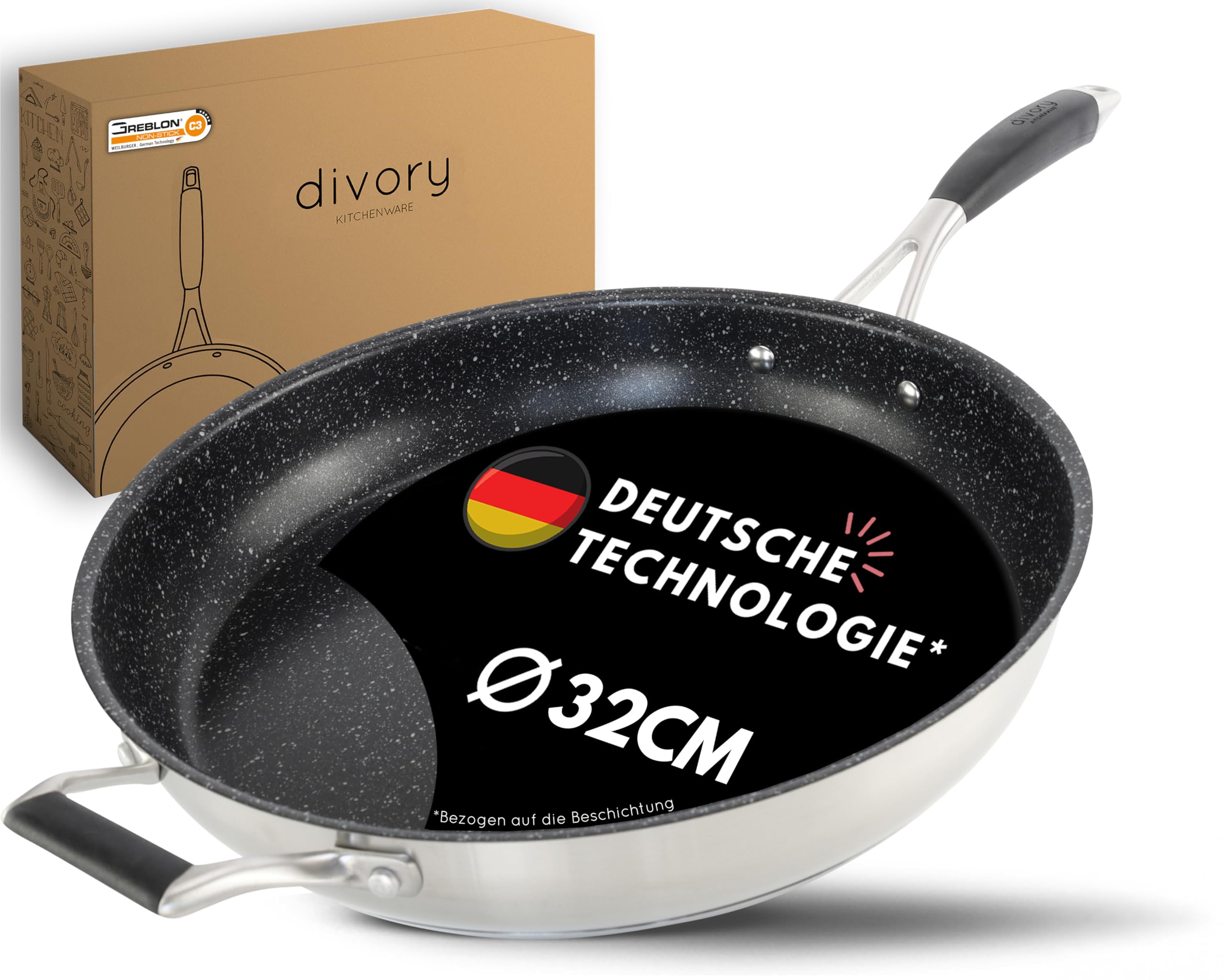DIVORY Edelstahl Pfanne 32 cm Induktion I Antihaft beschichtete große Bratpfanne für alle Herdarten I Induktionspfanne, Ergonomischer Griff, Spülmaschinen geeignet (32cm, ULTIME)