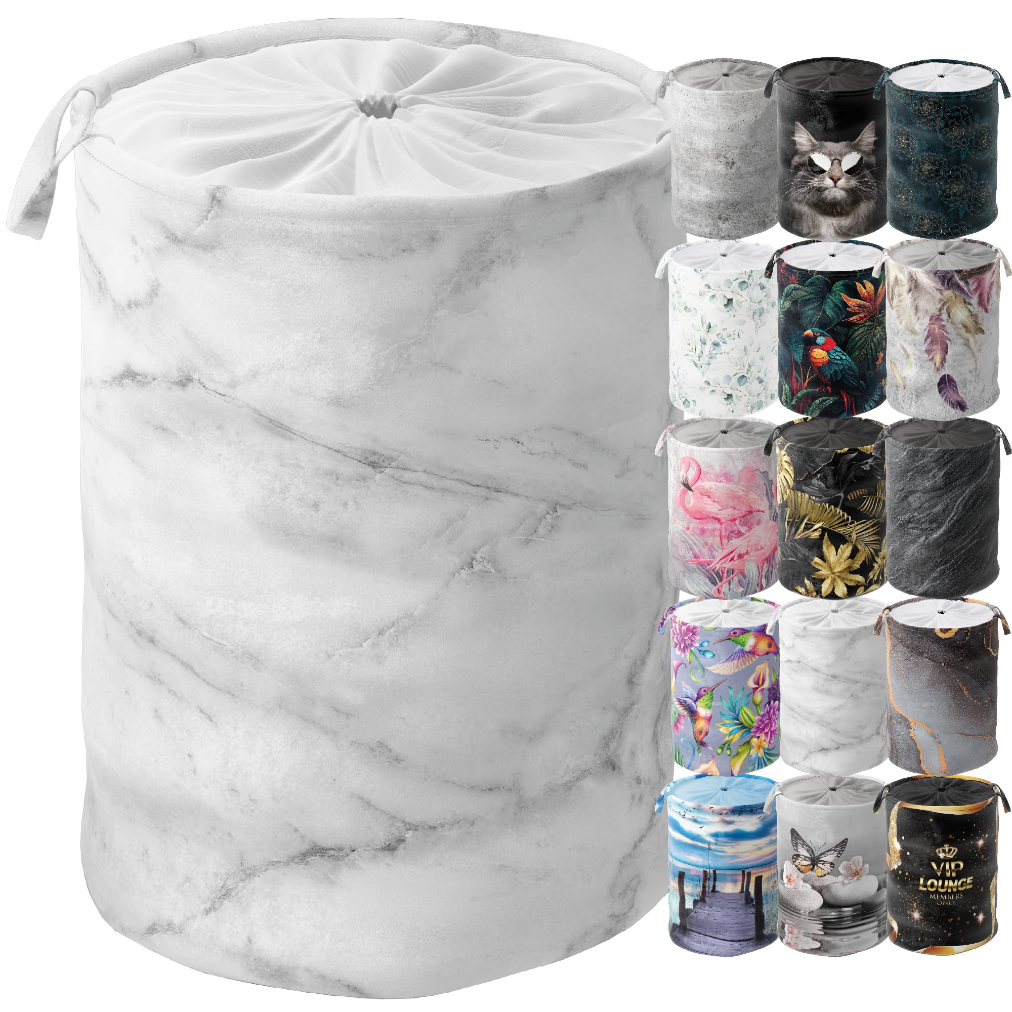 Sanilo Marble Laundry Basket With Lid, Round Storage Container 60 Litres, Foldable Laundry Bin With Handles (Marble)