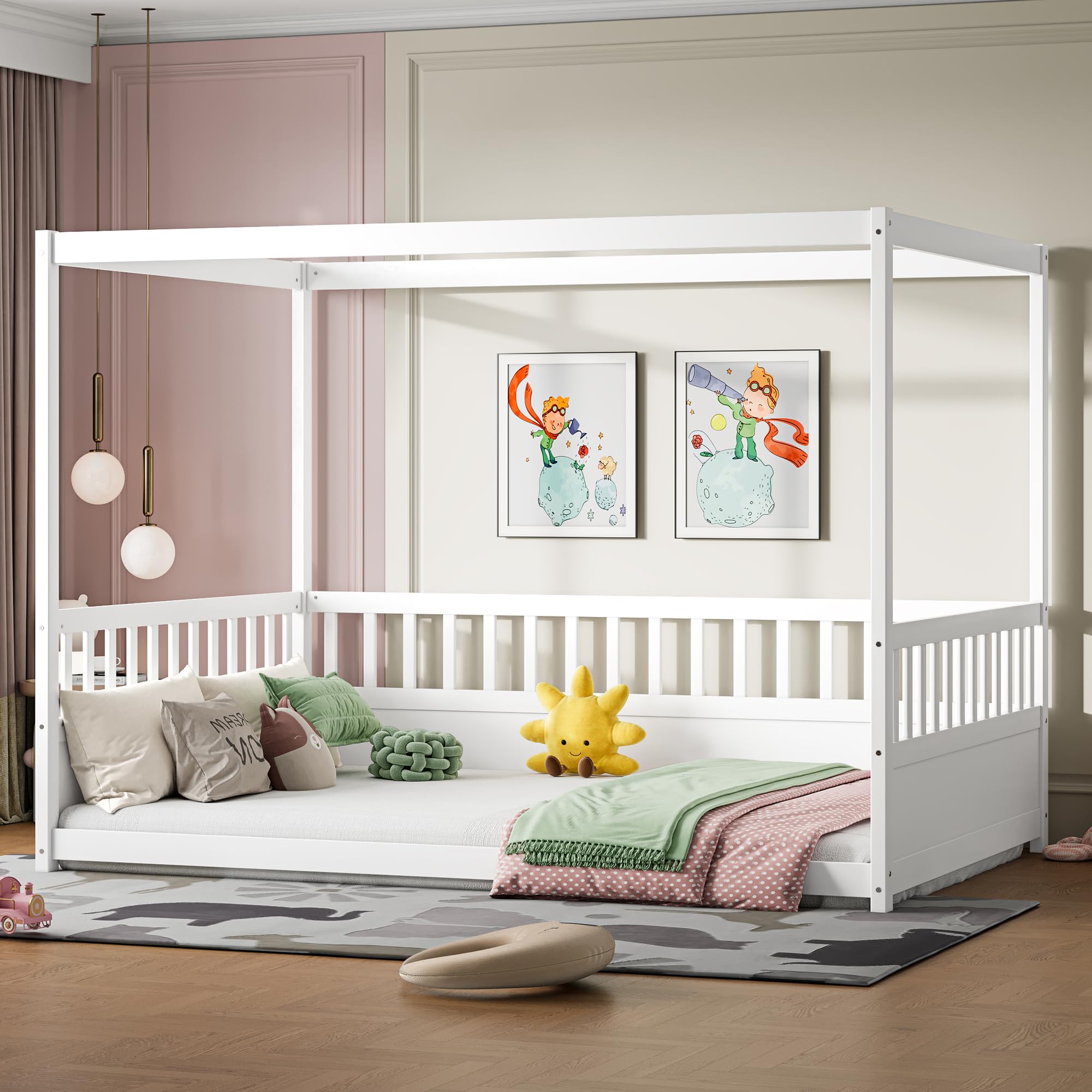 Ball & Cast Full Size Montessori Floor Bed,Canopy Bed Frame with Guardrails,Wooden Four Poster Design with Safety Rails,Suitable for Bedroom,White