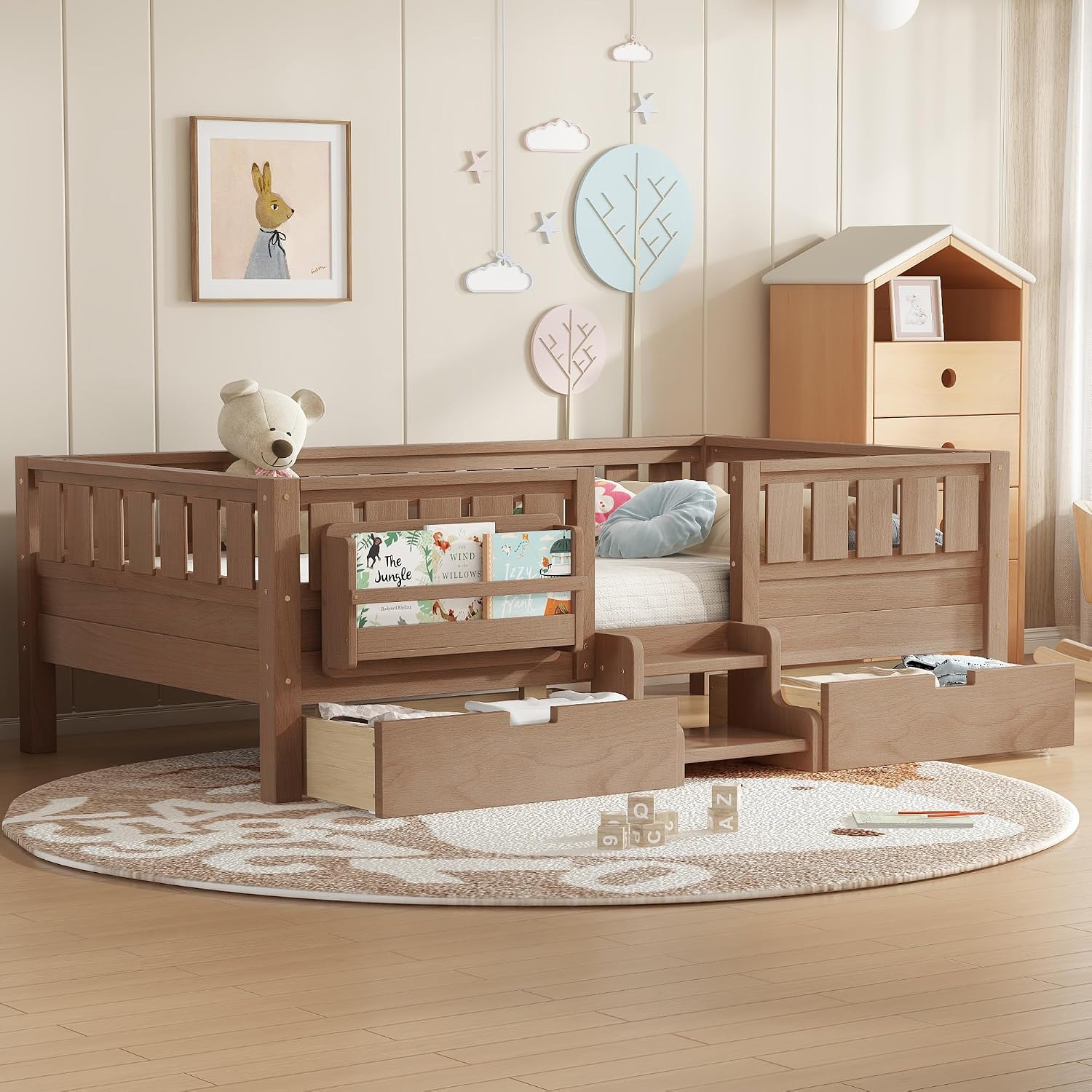 Bellemave Twin Floor Bed with Stairs, Rails and Slats, Twin Size Montessori Floor Bed with Bookshelf and 2 Storage Drawers, Easy Assemble Montessori Beds Frame for Girls, Boys, Natural