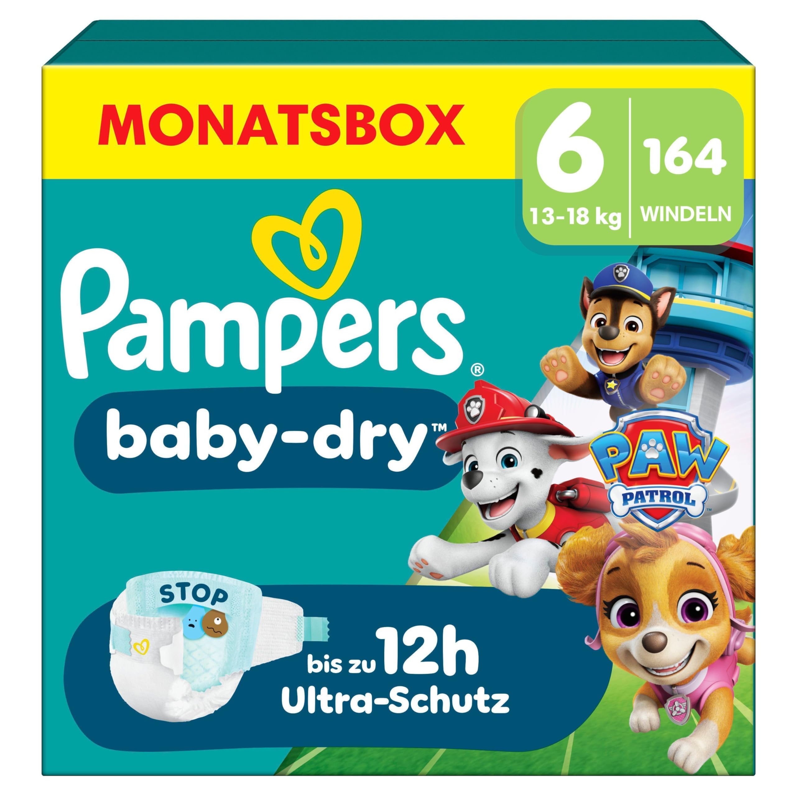 Pampers Baby-Dry Paw Patrol Edition Größe 6, 164 Windeln, 13kg-18kg, Bis zu 100Prozent Auslaufschutz und Komfort die ganze Nacht