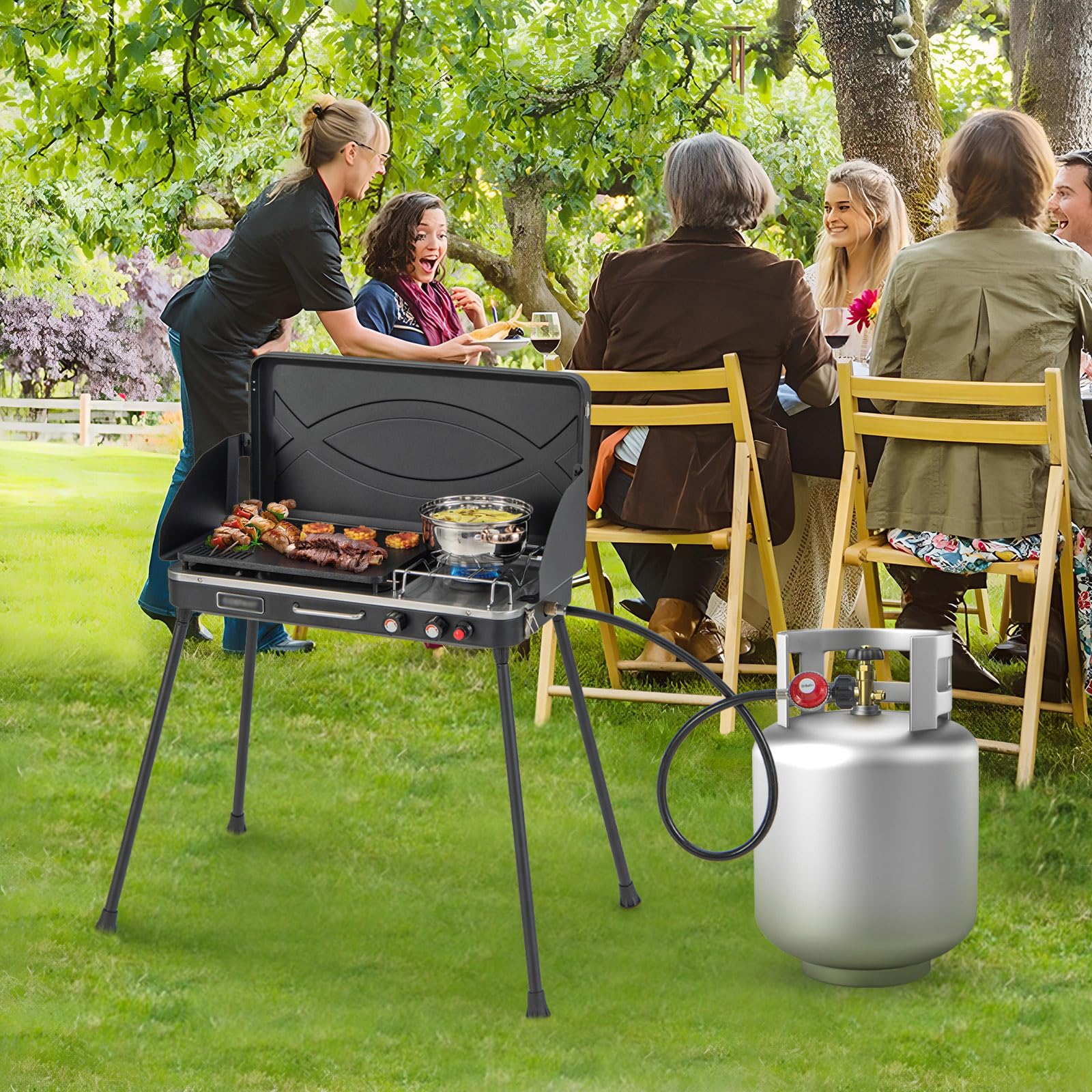 HAPPYGRILL 2-Burner Propane Camping Stove, Portable Gas Grill Cooker with Removable Leg Stand, Roast Grill, Dual Control Knobs, Wind Guards, Outdoor Grill Stove for Camping BBQ Picnic