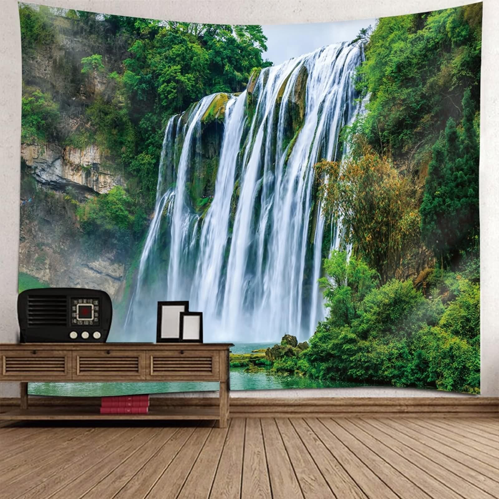 Aotiwe Zasłona ścienna, duża, do sypialni, motyw gór i wodospadu, zielony, brązowy, biały, 350 x 256 cm