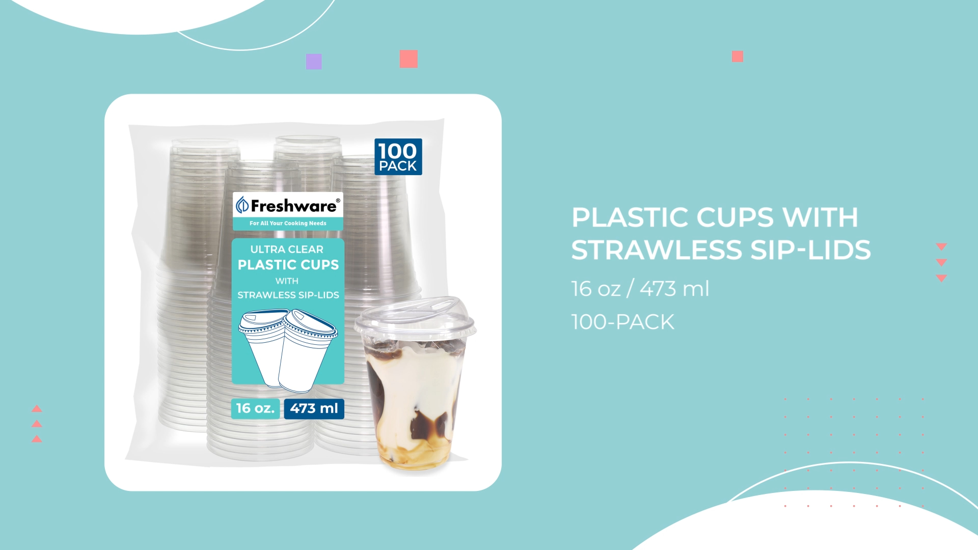 Image of Freshware 16 oz Clear Disposable Plastic Cups with Strawless Sip Lids, 100 Pack Clear Plastic Tumblers, Heavy-duty Party Glasses, Disposable Cup for Thanksgiving, Halloween, Christmas Party
