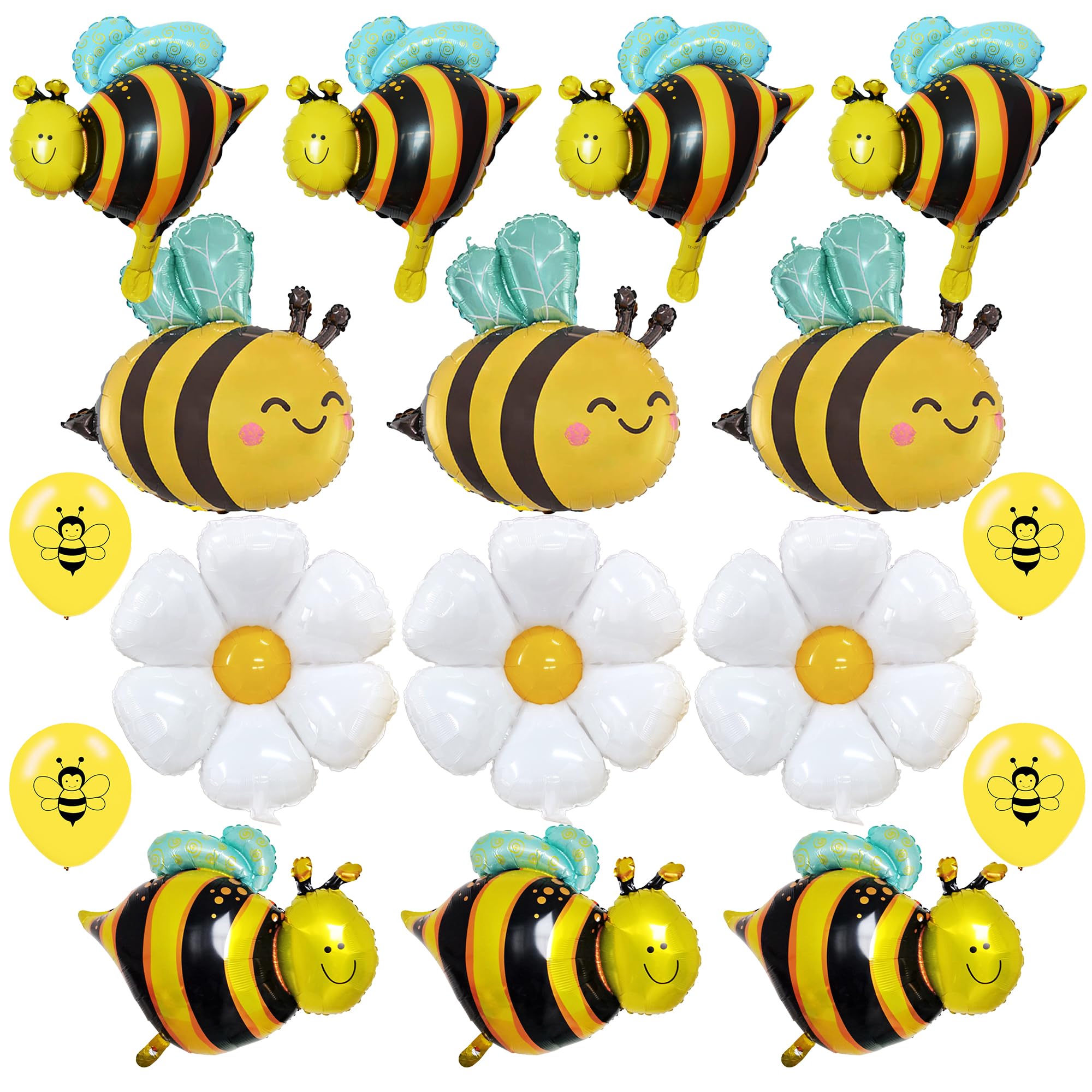 Bee Balloons, 17 Pcs Bee Mylar Balloons Daisy Flower Foil Balloons Different Sizes Bee Daisy Foil Mylar Balloon Decoration Kit for Bee Themed Birthday Party Baby Shower Supplies