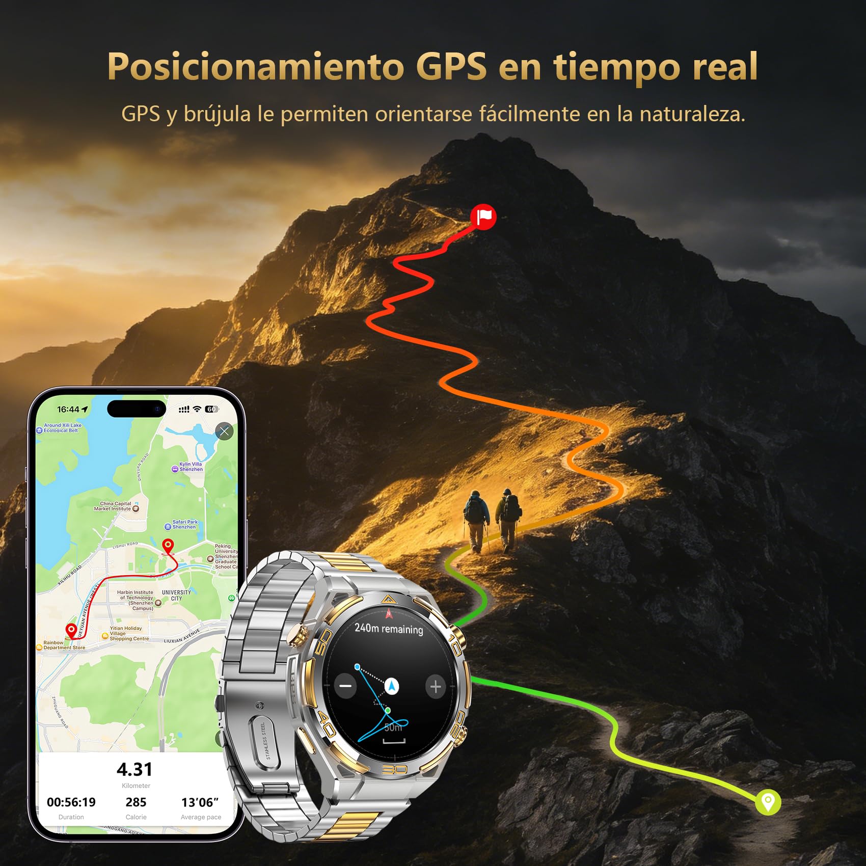 IOWODO Reloj Inteligente Hombre con GPS, Smartwatch 1.43" AMOLED con Llamadas Bluetooth, Chapado 14K, Linterna y Brújula, 20 Días Batería, Monitor Salud, 327 Esferas,100+ Deportes, IP68, 2 Correas