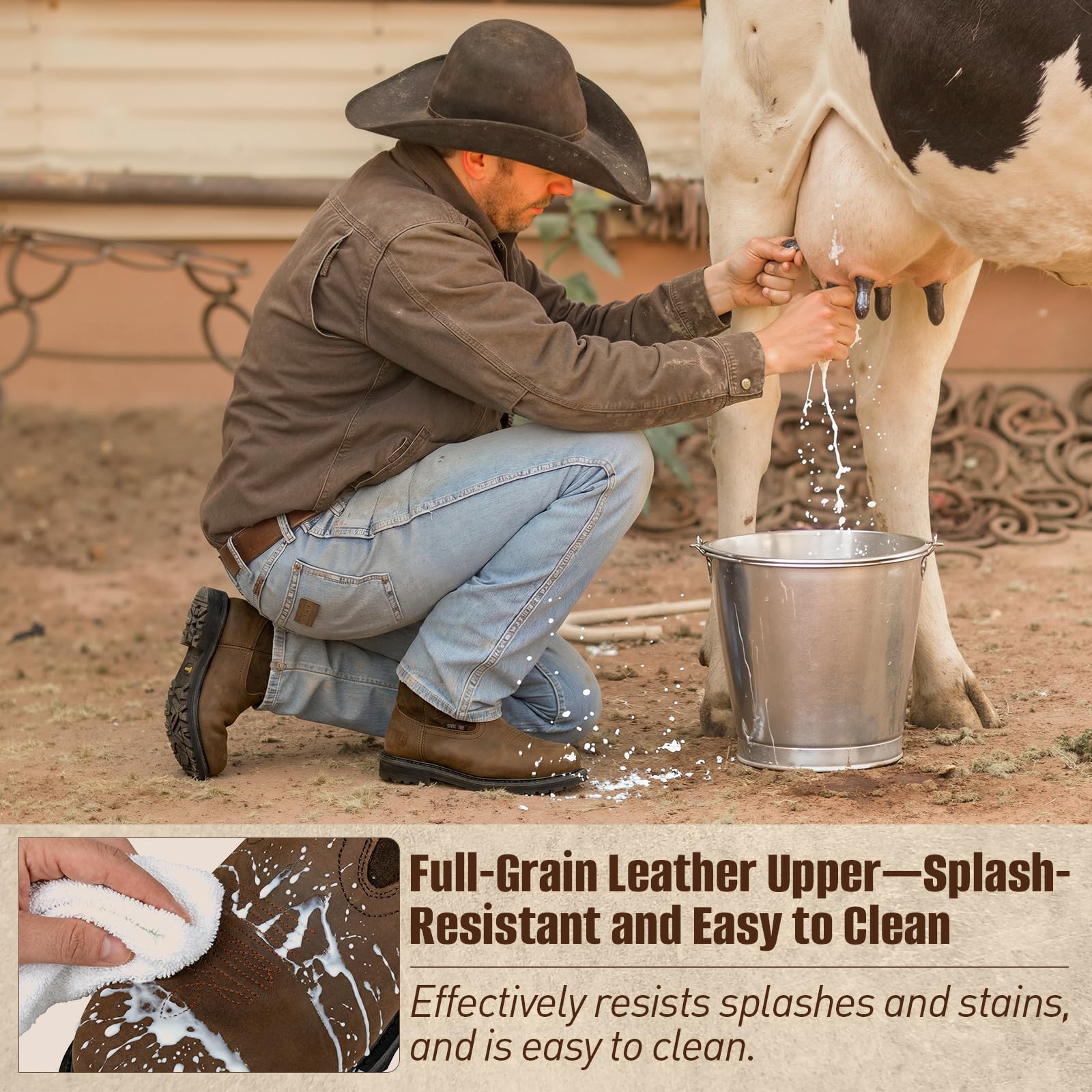 Men's Western Steel Toe Work Boots Round Toe Leather Cowboy Boots for Construction Farming Riding Ranch Botte Travail Homme Brown - 4