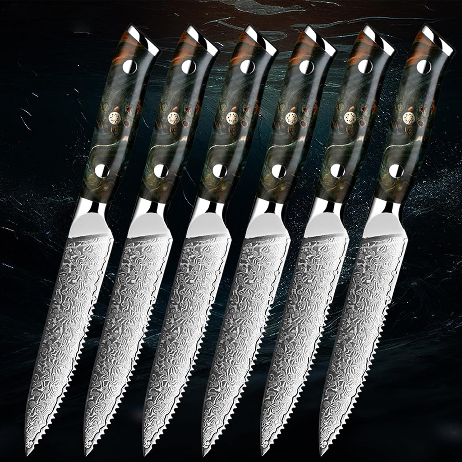Steak Knives Set of 6 Damascus Steel Steak Knife Set 4.5 inch Razor-Sharp Sawtooth - Crafted from 67 layers of Damascus steel and VG-10 Dishwasher Safe - Cooking Tools/Home/KitchenKnife