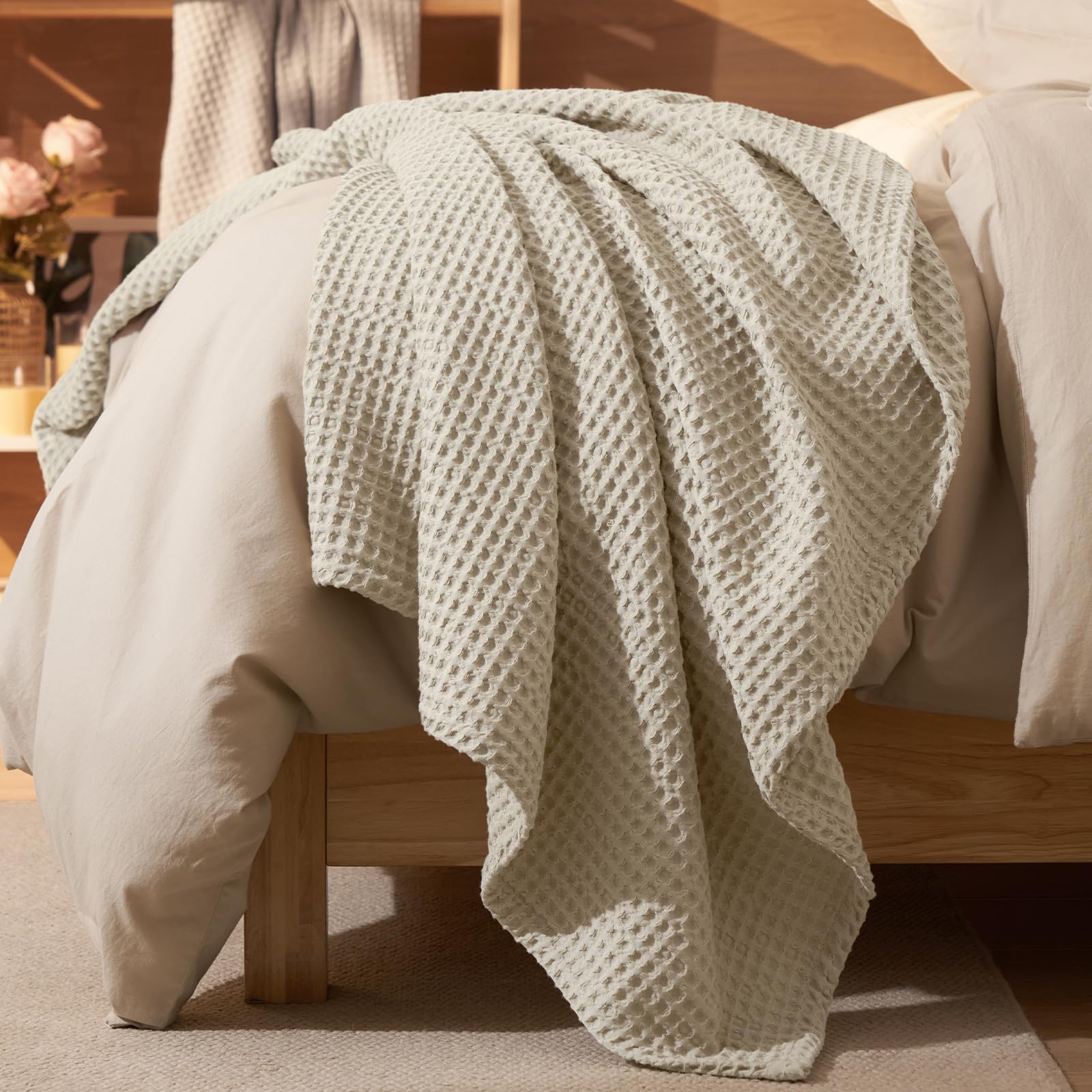 phf ultra soft waffle weave throw blanket 50"x 60"- washed lightweight breathable cozy woven blanket for bed - aesthetic decor for couch bedding sofa home car - light khaki/linen