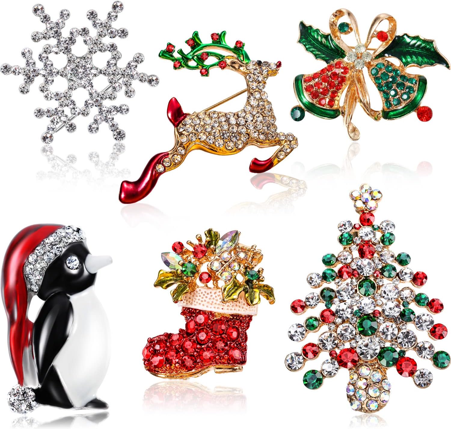 6 Pieces Rhinestone Crystal Christmas Brooch, Fashion Elegant Christmas Brooch Pins for Xmas