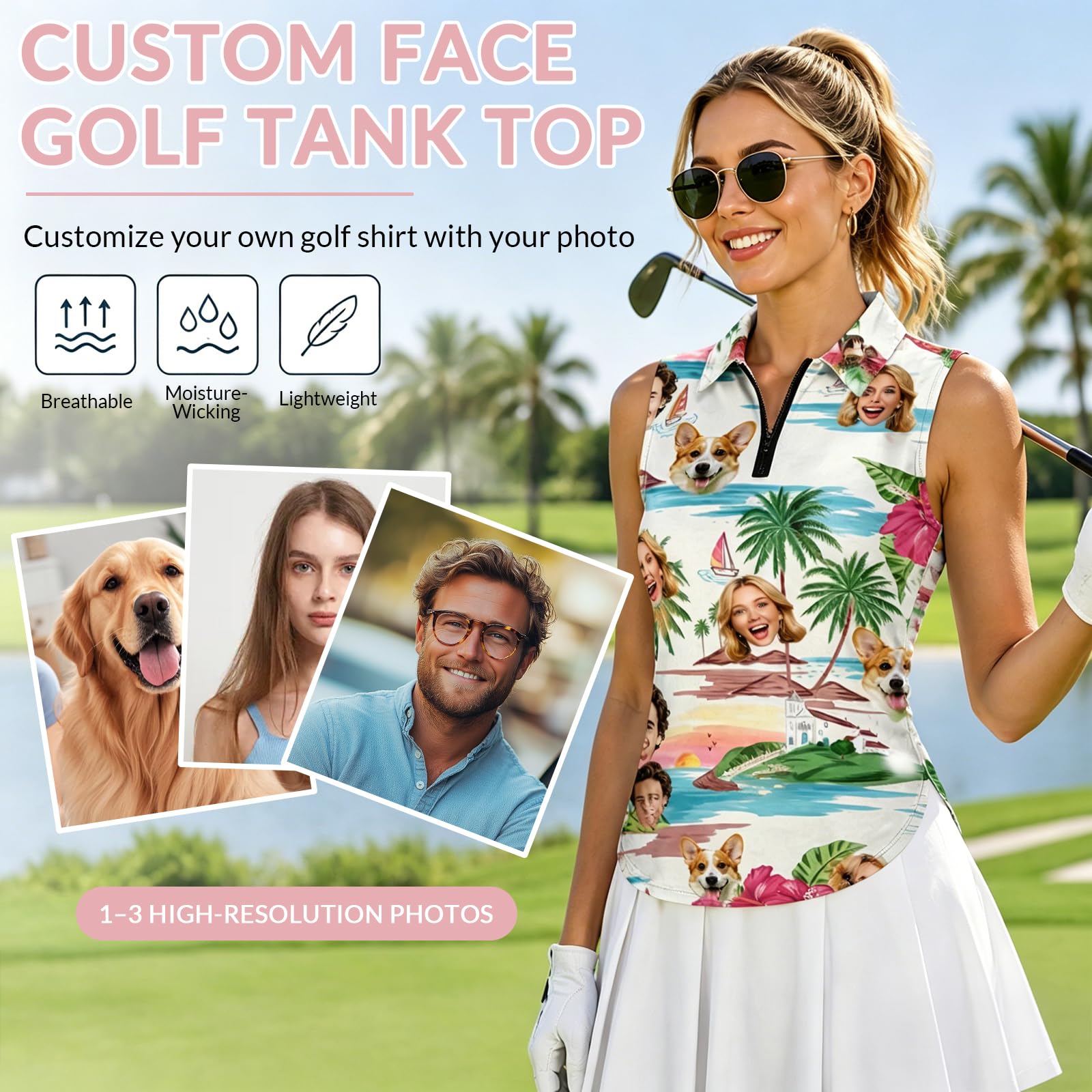 Polo sans Manches personnalisé pour Femme et Homme, Impression Photo de Visage, Hawaïen débardeur Sport pour Golf, Tennis, Running, randonnée