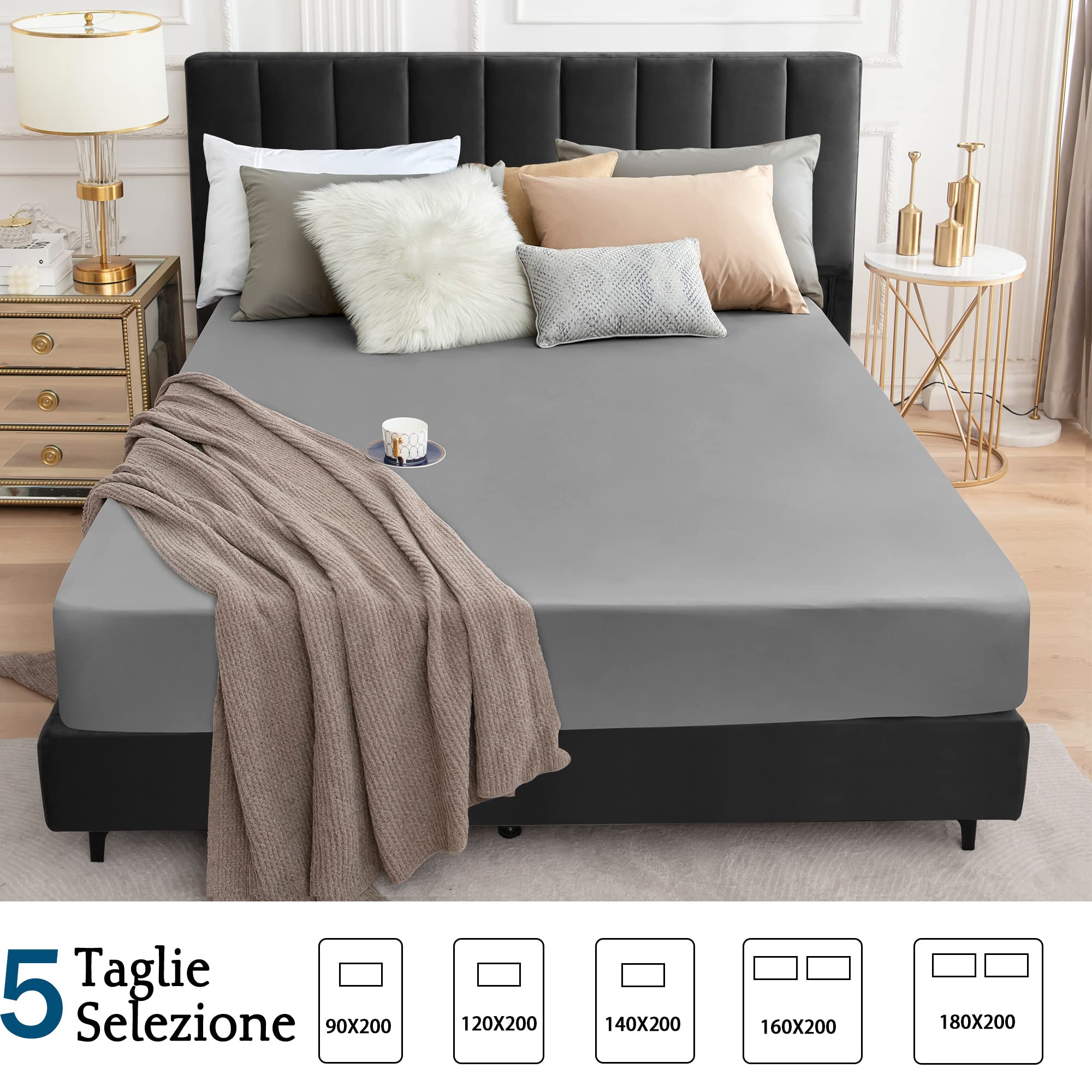 Coprimaterasso impermeabile lenzuolo con angoli 160x200 cm, coprimaterasso traspirante protezione del materasso impermeabile lenzuola con angoli antiumidità - Grigio