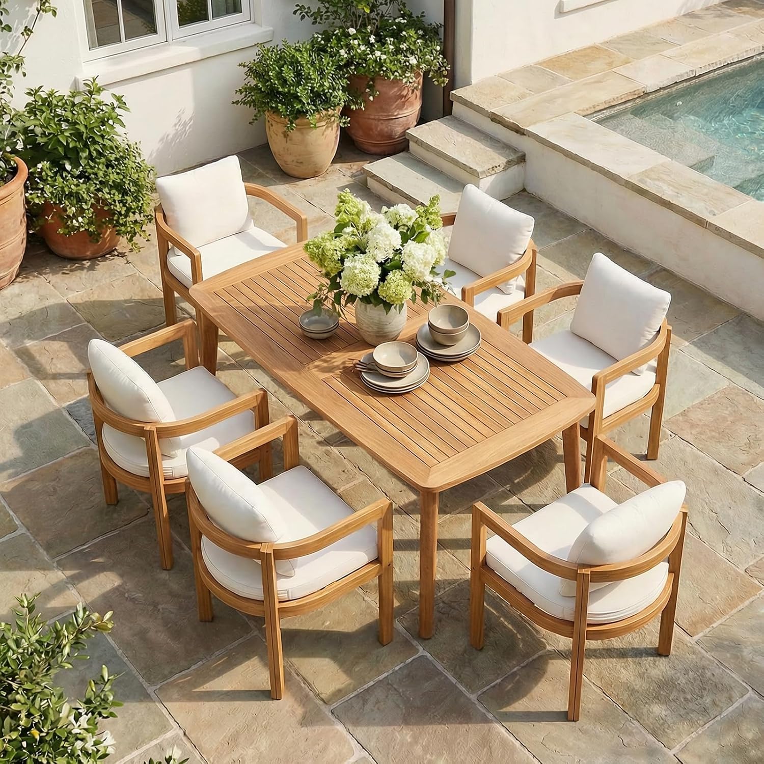 SUNSITT 7-Piece Outdoor Patio Dining Set, 63" Acacia Wood Dining Outdoor Table Set with Umbrella Hole, 6 Curved Patio Arm Chairs w/Removable Cushions for Backyard, Porch, Deck