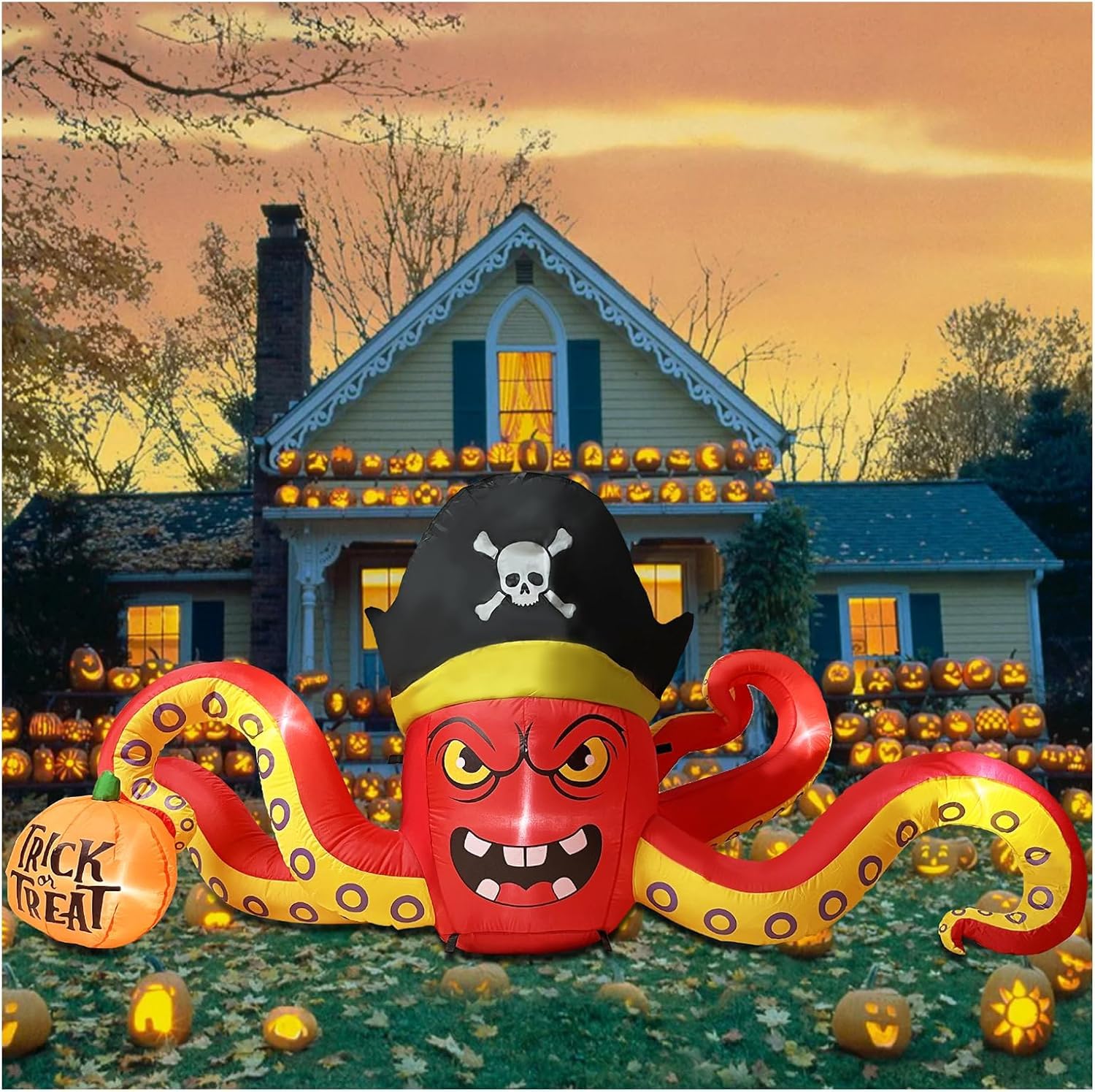 ZXSWONLY 2,3 m großer aufblasbarer Piratenoktopus für Halloween, Grusel-Oktopus mit Kürbis, aufblasbare Halloween-Dekoration mit integrierten LEDs für Garten, Terrasse und Halloween-Party