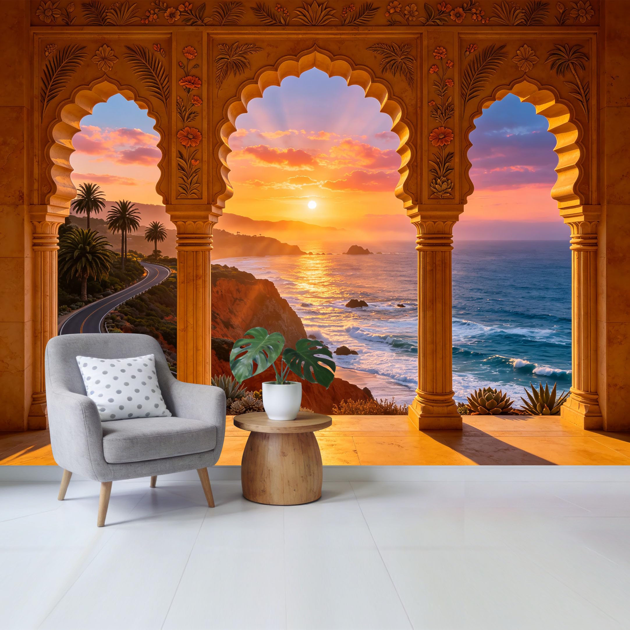 Custom Size Wall Mural Coastal Sunset Ocean View Through Ornate Archway Palm Trees Roadside Landscape Removable Self Adhesive Fabric Home Wall Decor for Living Room Bedroom Bathroom