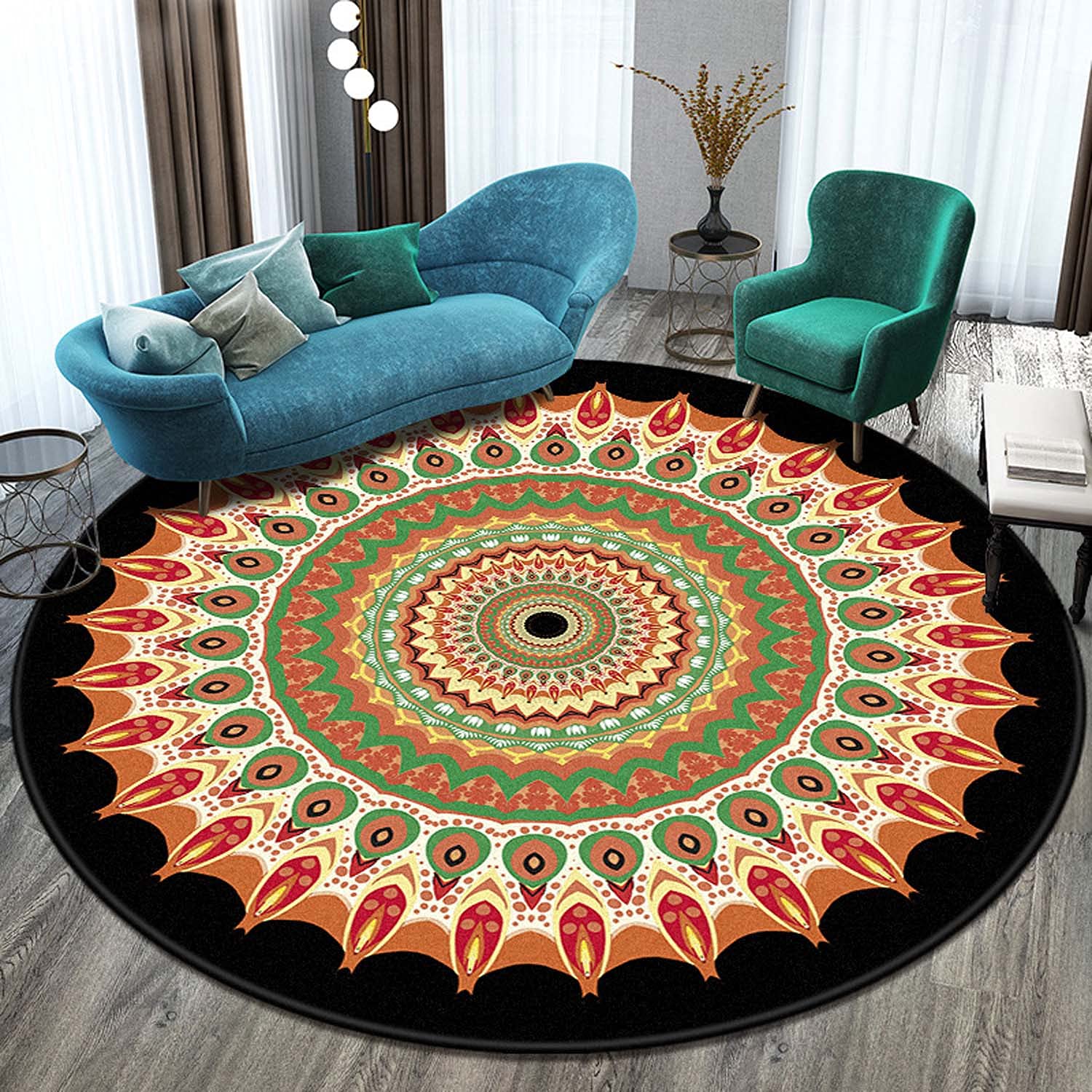 Dhao Tapis Rond Mandala Motif Bohême Moderne pour Salon Chambre à Coucher Cuisine Lavable Grands Antidérapant Tapis Diamètre: 160 cm