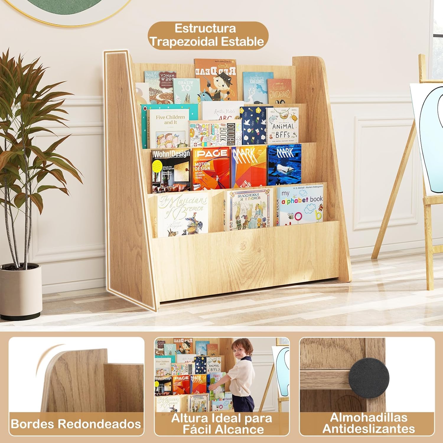 RELAX4LIFE Estantería Libros Infantil con 4 Estantes, Revistero de Madera, Mueble Estantería para Habitación Infantil y Guardería, Almacenaje Juguetes, Organizador Juguetes, 57,5x26,5x59cm (Natural)