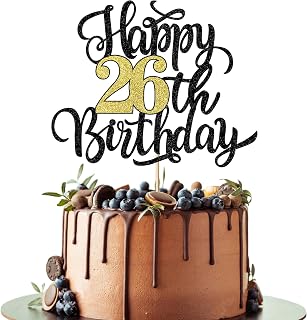 Happy 26th Birthday Cake Topper, Black Gold Glitter Birthday Cake Topper, 26th Anniversary/ 26th Birthday Party Decoration Supplies