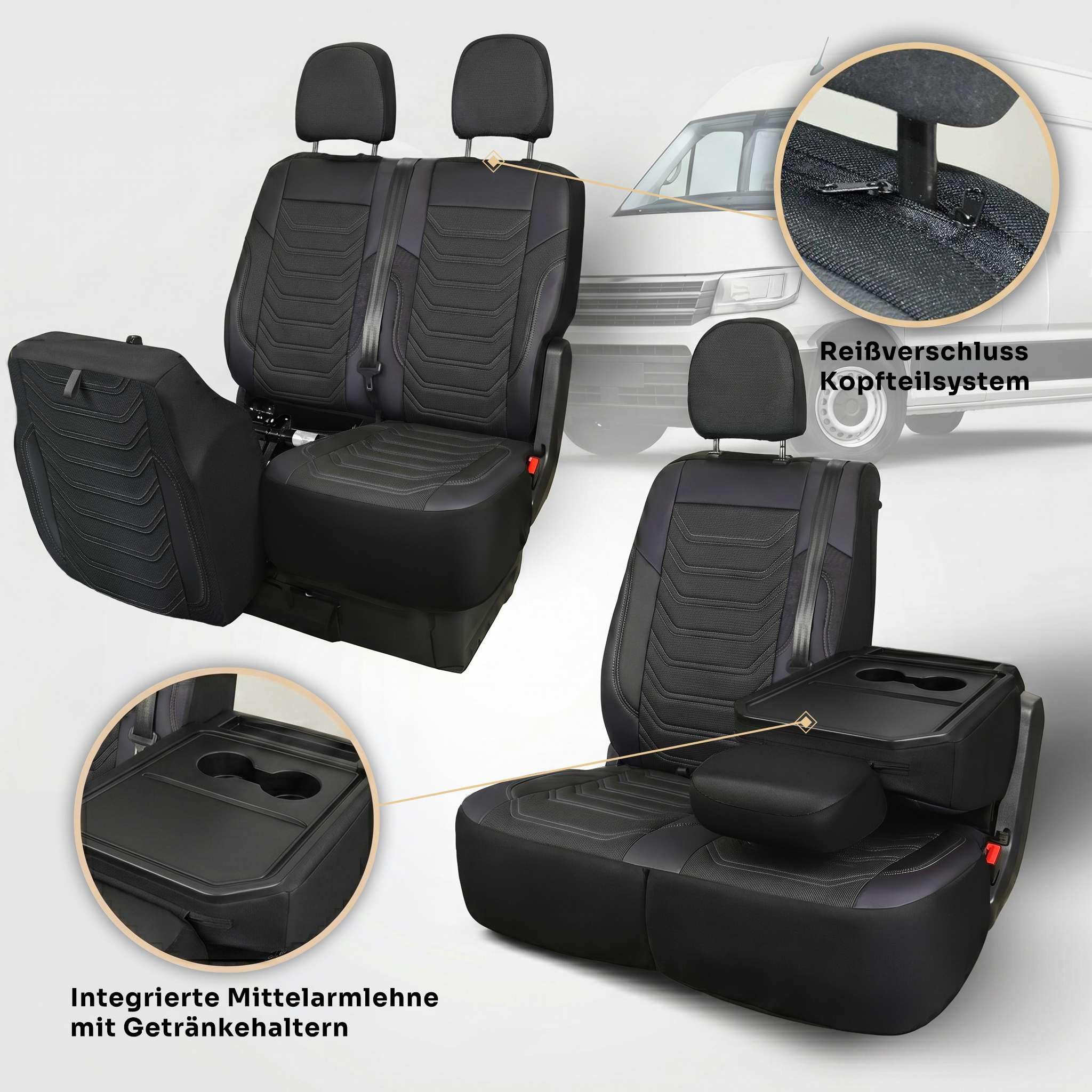 Autositzbezüge 2+1 für Volkswagen Crafter 2 / MAN TGE 2017-2026 - Vordersitze Auto Sitzbezug aus Piqué-Stoff, Vordersitz-Set mit Montageset Rechter Beifahrersitz geteilt, Schwarz-Grau