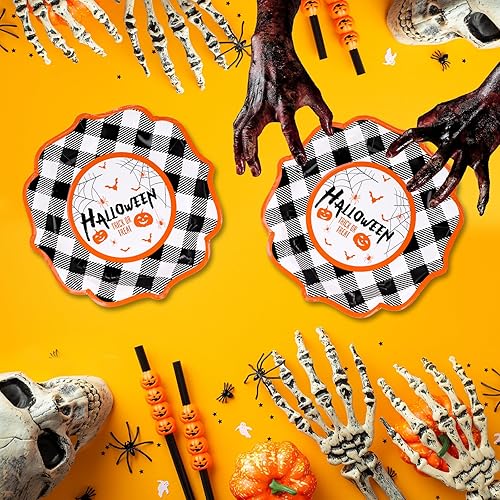 Miniatura 4 de DYLIVeS Platos de fiesta de Halloween, platos de papel desechables de calabaza y murciélagos a cuadros de Halloween, platos llanos de 9 pulgadas,