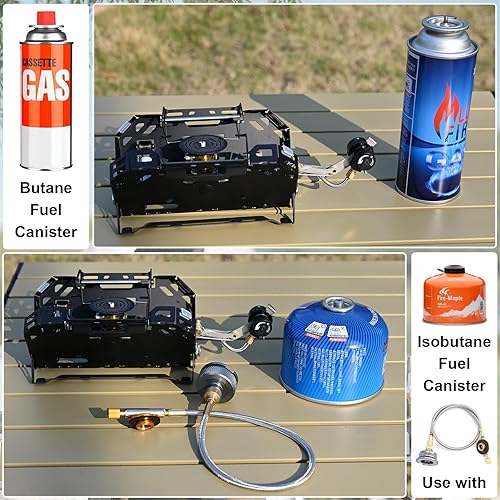 Miniatura 6 de Estufa portátil de butano para acampar 8190BTU Estufa de butano Peizo Click Ignition con bolsa de transporte Adaptador de isobutano Manguera