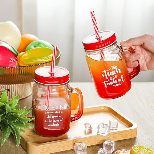 Miniatura 5 de Geosar Juego de 8 vasos de vidrio de agradecimiento al profesor, regalo a granel de 16 onzas, vaso de vidrio con tapa de asa y botella de popote