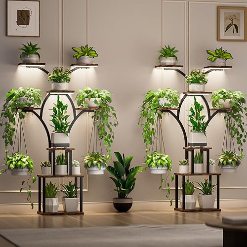 Miniatura 4 de Soporte para plantas Elbourn de interior con luces de crecimiento - Estante de metal de 152 cm de altura para múltiples plantas, soporte de esquina