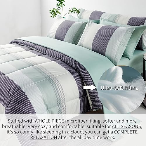 Miniatura 6 de RYNGHIPY Juego de edredón a rayas verde salvia, juego de ropa de cama geométrica ligera y suave, edredón alternativo de plumón para todas las