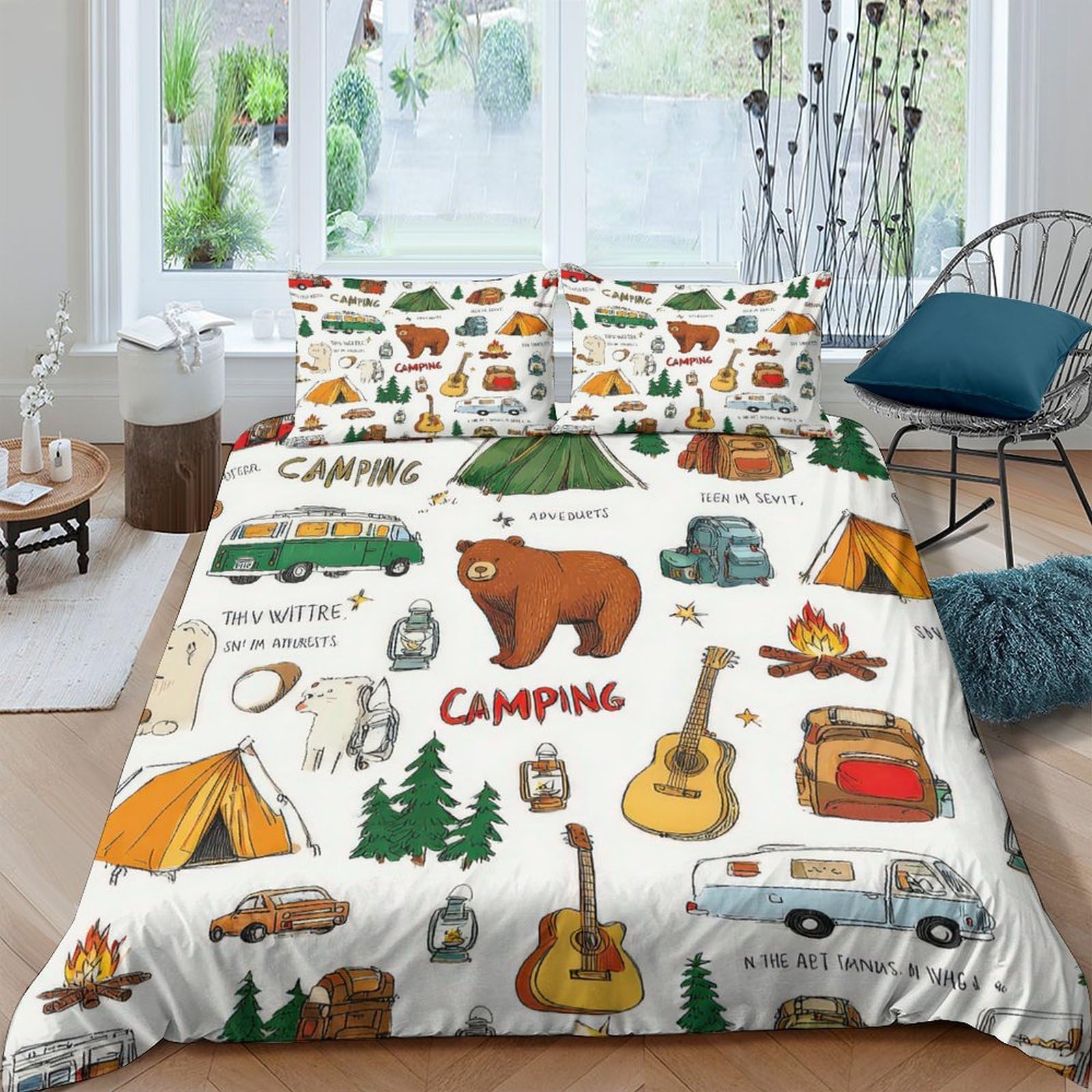 Ctjqhvkz Style-3 3D Printed Camping Bear Fitted Sheet Microfiber Soft Breathable Guitar Tent Mattress Cover For Bedroom Dorm Decor Single（135X200cm）