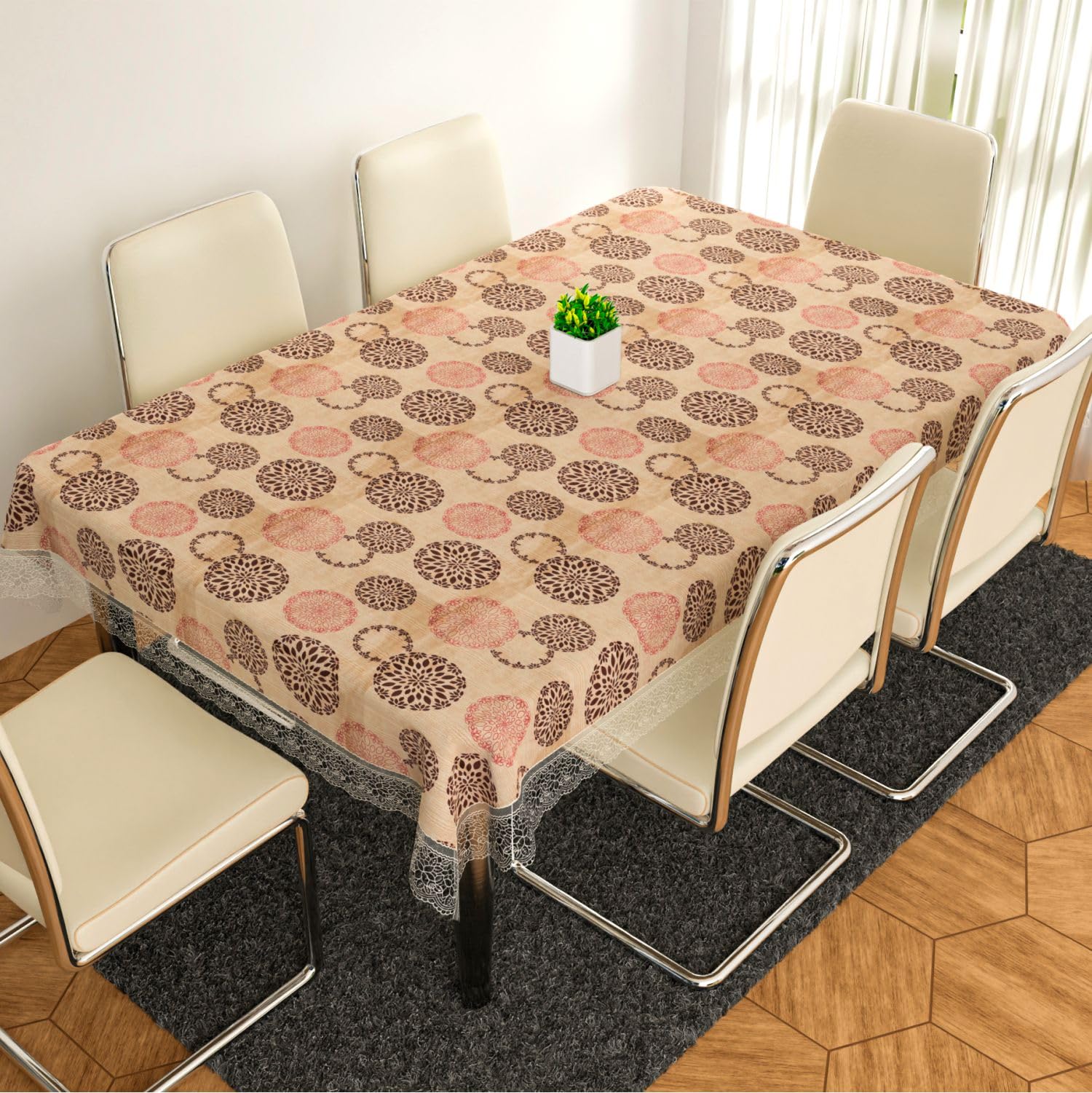 Kuber Industries Dining Table Cover | PVC Table Cloth Cover | 6-Seater Table Cloth | Table Protector Cover | Table Cover for Dining Table | Rangoli Table Cover | 60x90 Inch | DTC | Cream