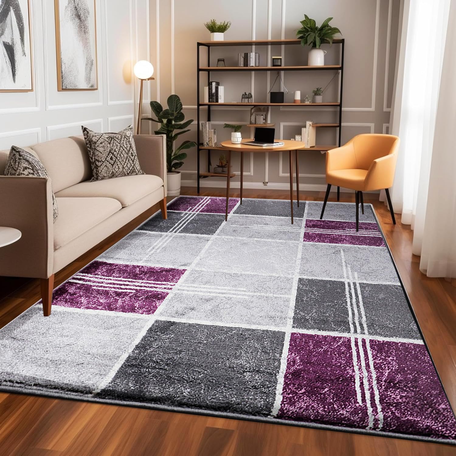 Grand tapis lavable violet 200 x 290 cm pour grand salon ou couloir moderne