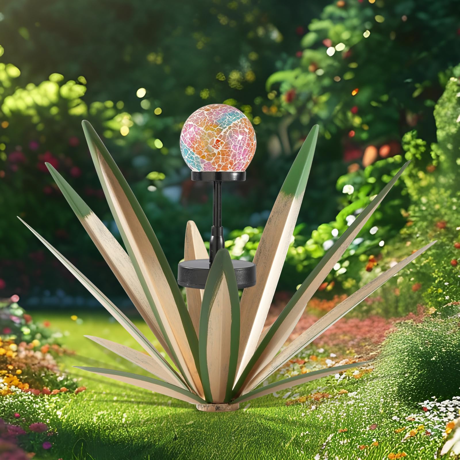 Escultura rústica de tequila para decoración de patio de metal con luz de mosaico solar, 21 pulgadas de alto, estatua de jardín de agave de metal pintada a mano (1 paquete verde)