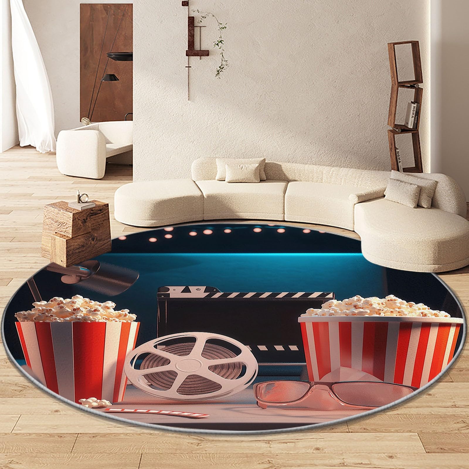 Washable Round Rugs 7' x 7', Movie Element Popcorn Film Round Area Rug for Living Room, Movie Elements Non-Slip Round Carpets, Soft Low-Pile Circle