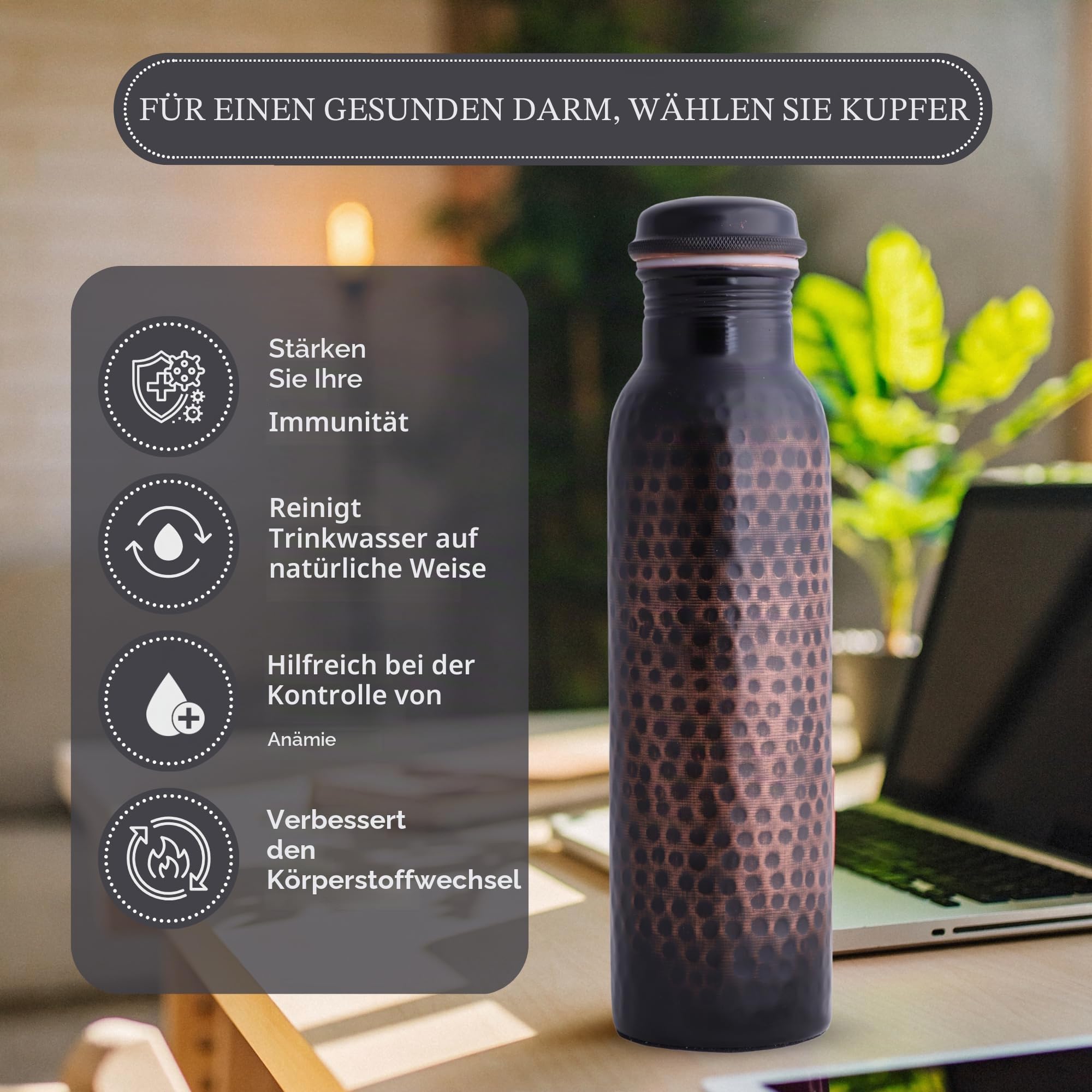 STAGLIFE Trinkflasche aus reinem Kupfer, auslaufsichere Wasserflasche mit antikem schwarzem Finish (groß/1 Liter/963.9 g)