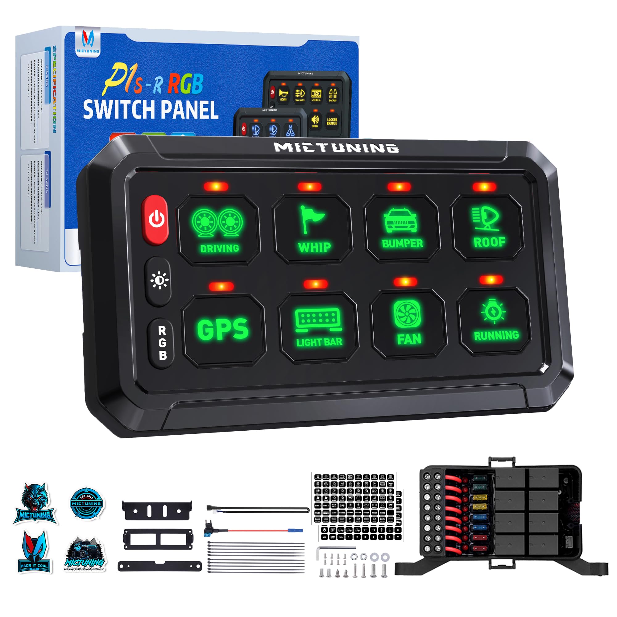 MICTUNING RGB 8-biegowy panel przełączników z systemem przekaźników, wielofunkcyjny przełącznik kołyskowy, chwilowe przełączanie, sterowanie do samochodów ciężarowych, SUV-ów, łodzi terenowych