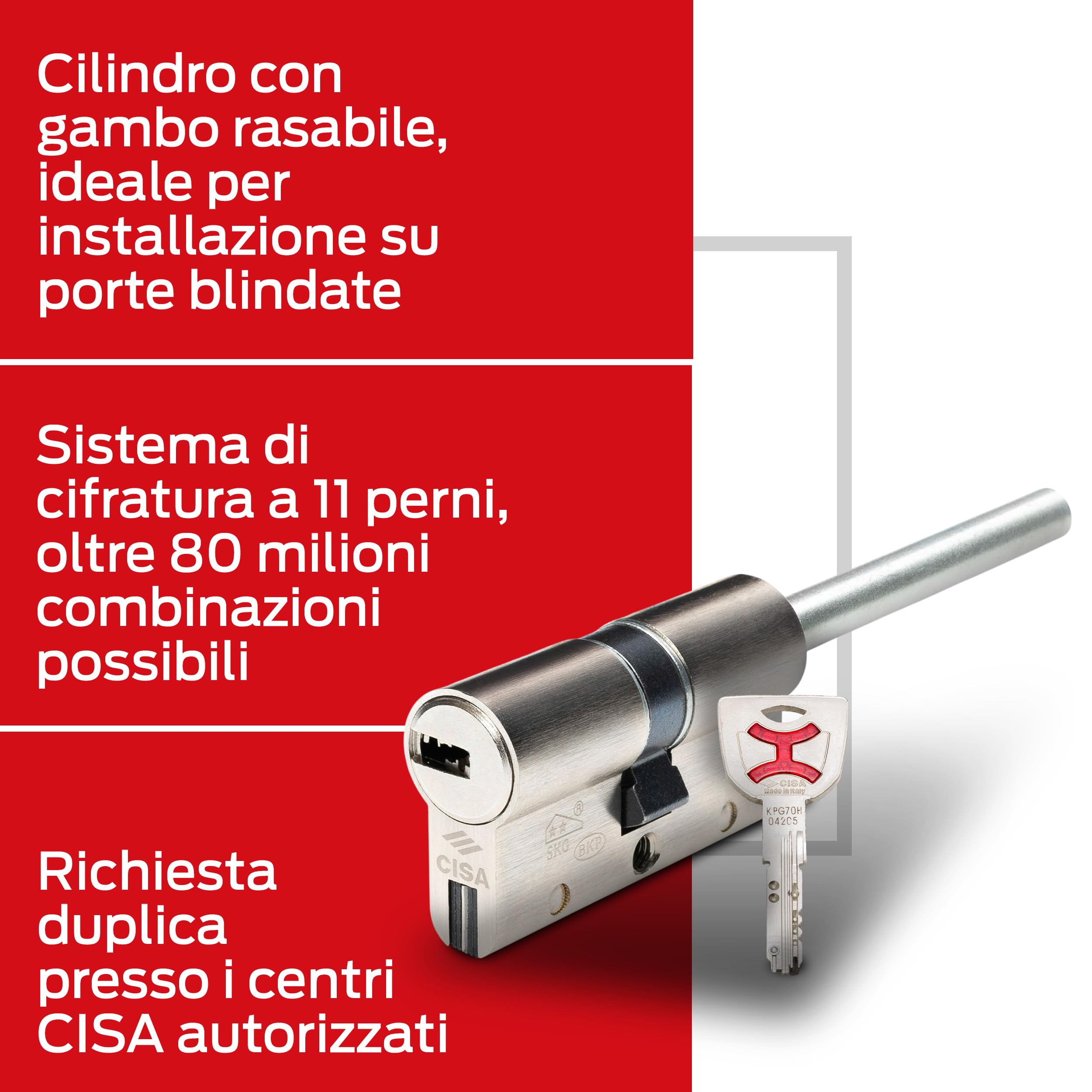 CISA - Cilindro Europeo AP4 S 10P3S70701200C5 per Serratura Porta Blindata - Cilindro Europeo 30/30 con 5 Chiavi A Duplica Protetta - Anti Bumping Anti Strappo - Predisposizione al Pomolo