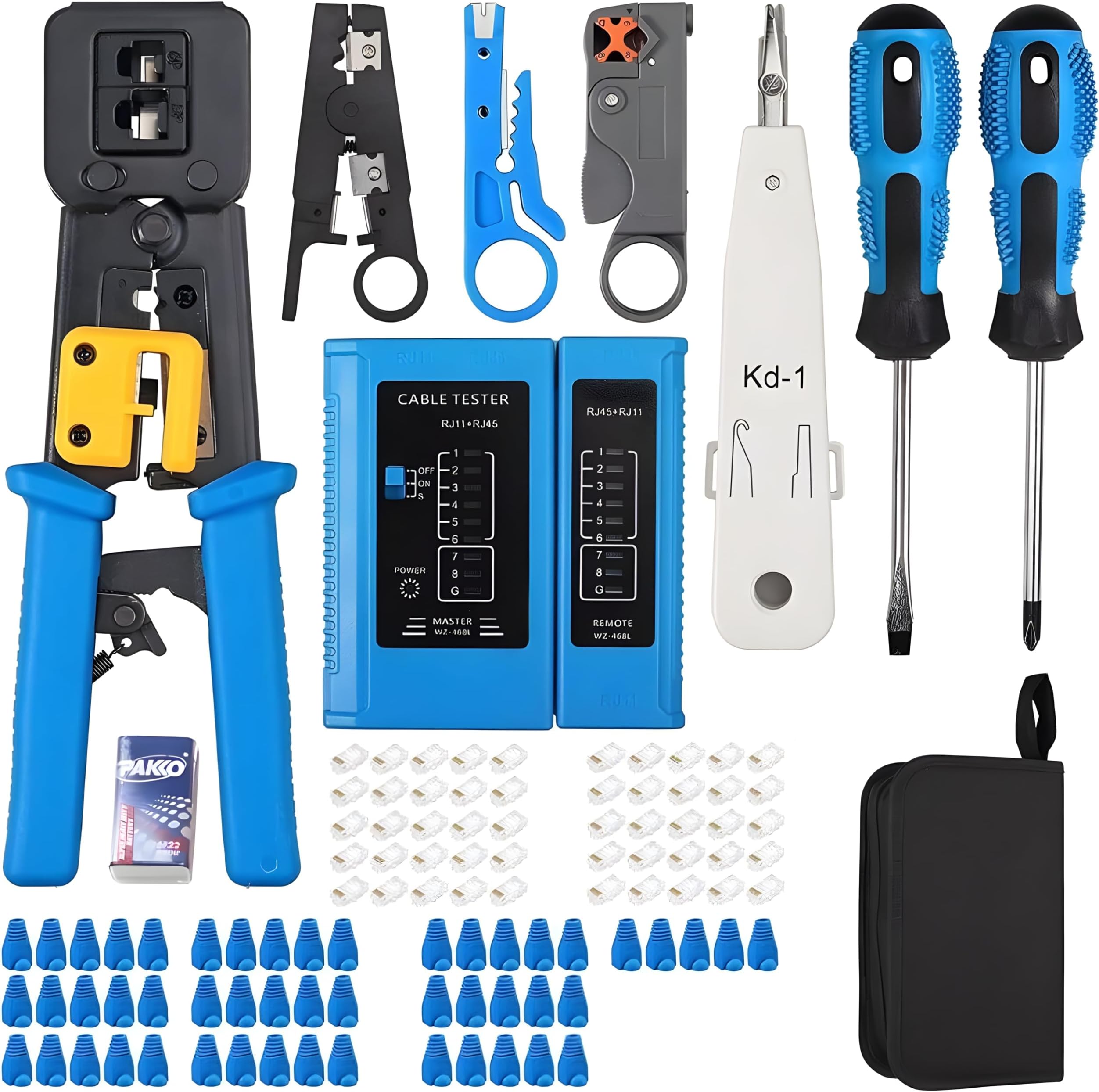 COOLCOLD Crimping Tool RJ45, Wire Cutter, Tool Kit, Cat5 Cat5e Cat6, 50PCS RJ45 Cat6 Passthrough Connectors, 50PCS Covers, Network Cable Tester, Wire Punch Down Cutter, Battery, Pass Through Tool kit