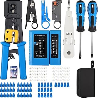 COOLCOLD Crimping Tool RJ45, Wire Cutter, Tool Kit, Cat5 Cat5e Cat6, 50PCS RJ45 Cat6 Passthrough Connectors, 50PCS Covers, Network Cable Tester, Wire Punch Down Cutter, Battery, Pass Through Tool kit