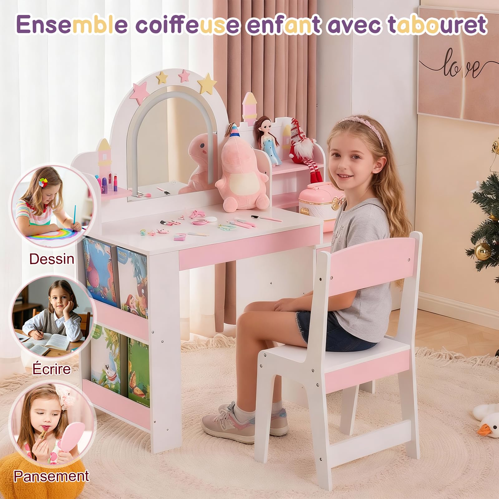 LALAHO 2 en 1 Coiffeuse pour Enfants et Miroir LED, Coiffeuse Fille avec Tabouret，Bibliothèque pour Enfants, Tiroirs en Tissu et Tiroirs en Bois, Crochets à Bijoux，pour Les 4-9 Ans (Blanc & Rose)