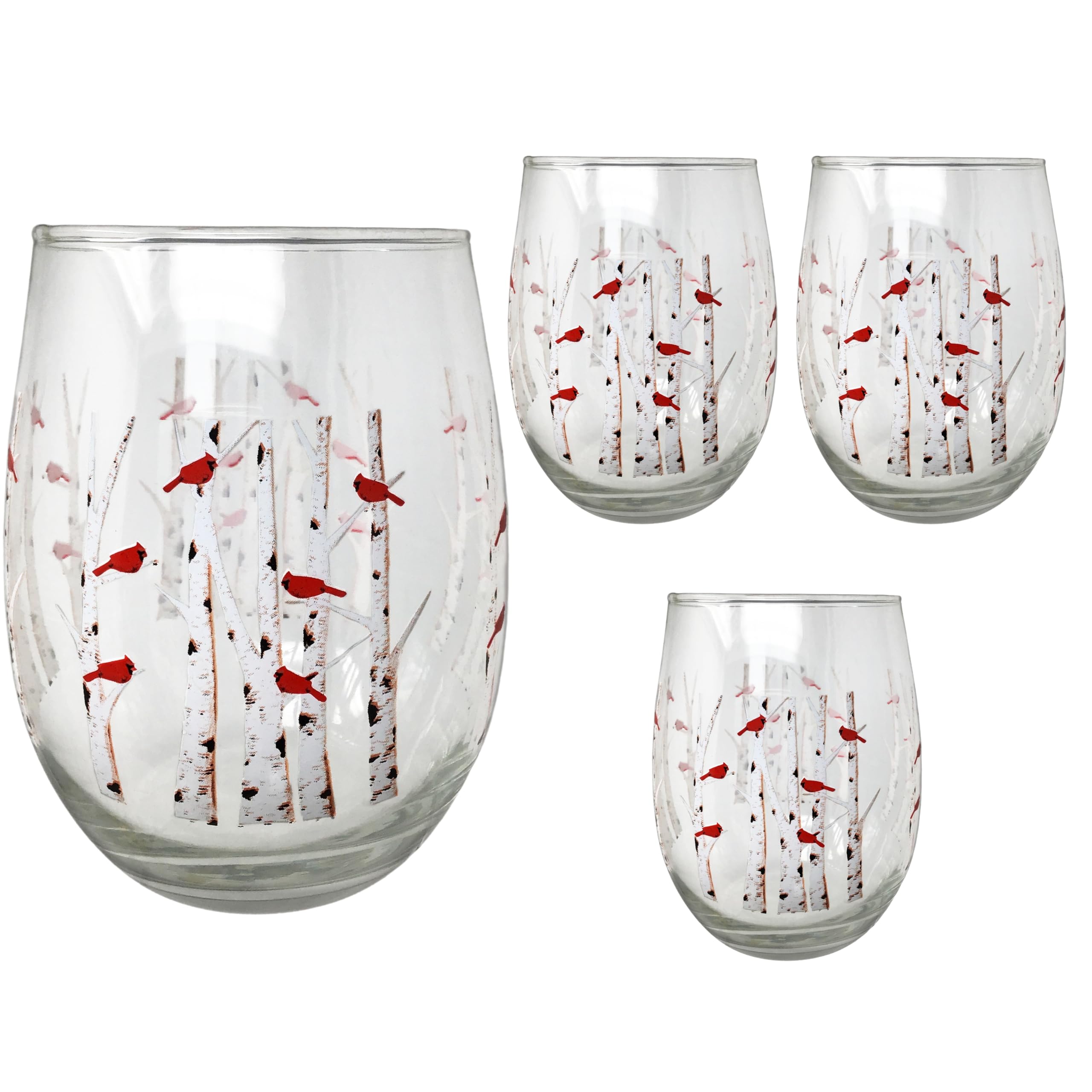 BANBERRY DESIGNS Cardinal Stemless Wine Glasses - Set of 4 - Cardinals Perched on White Birch Trees - Holidays - Christmas - Each glass is 4 3/4" H