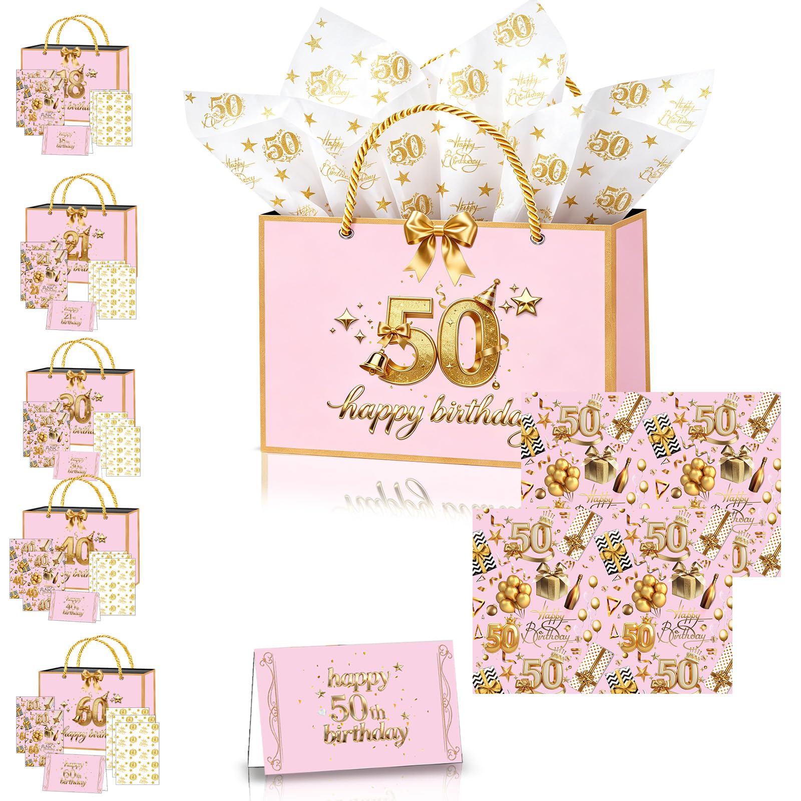 50th Birthday Gift Bag for Women,11×8×4" Pink Gold Woman 50th Gift Bag with 50th Birthday Wrapping Paper Tissue Paper Sheets Card and Ribbon for Ladies Her Female 50th Birthdays Present Decorations
